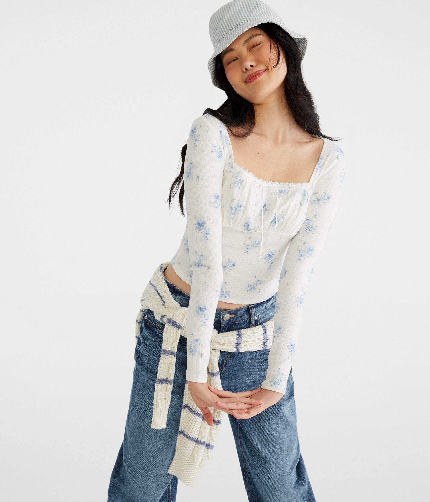 Long Sleeve Floral Ruched Pointelle Top