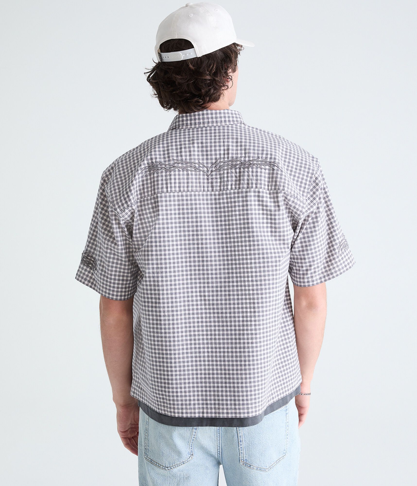 Barbed Wire Microplaid Boxy Shirt