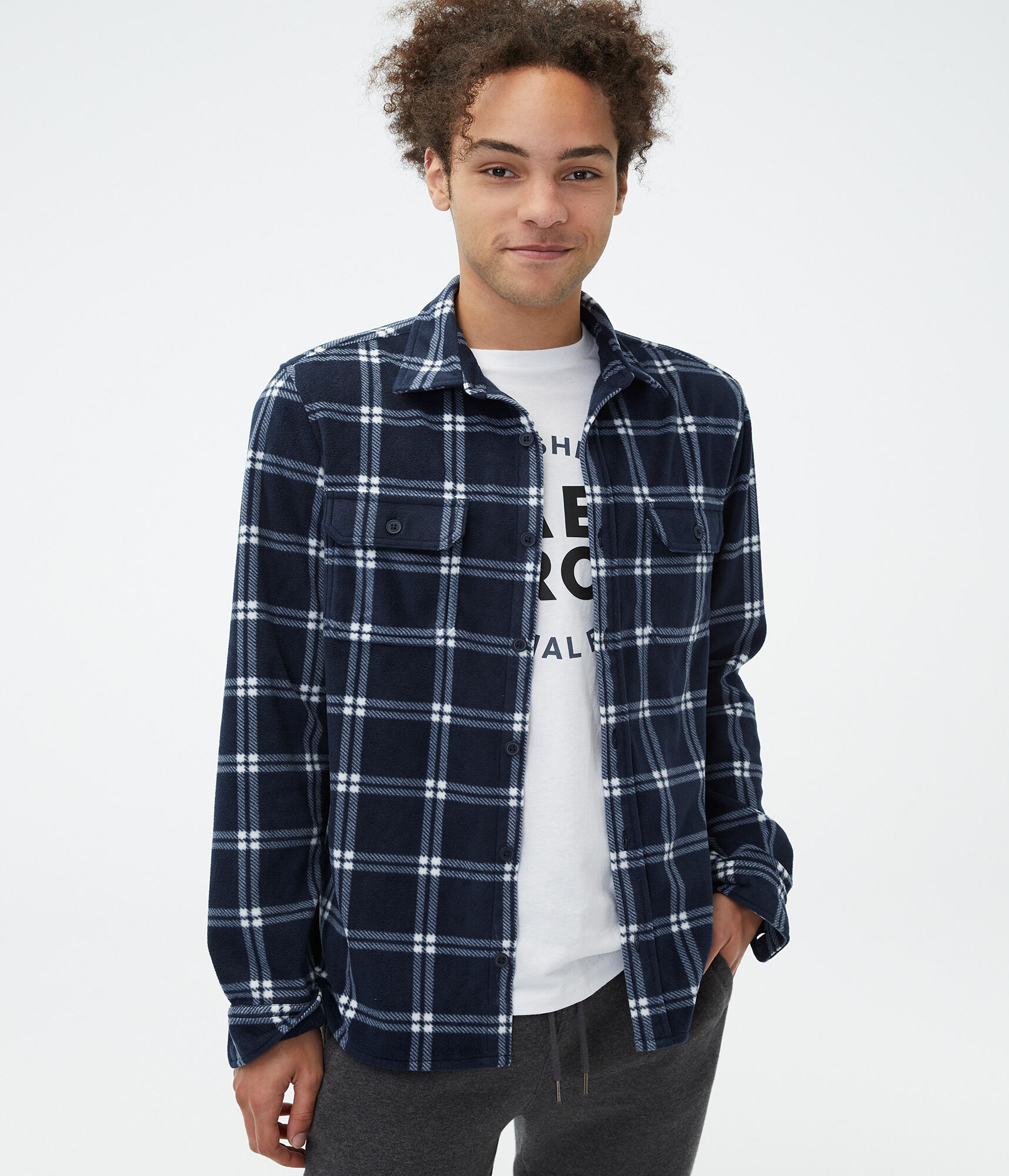 Long Sleeve Plaid Microfleece Button-Down Shirt
