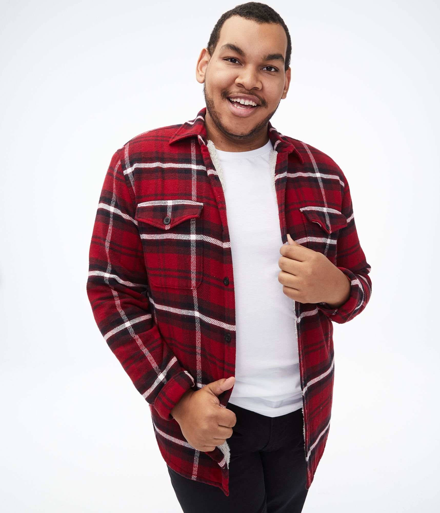 Long Sleeve Plaid Sherpa Button-Down Shirt