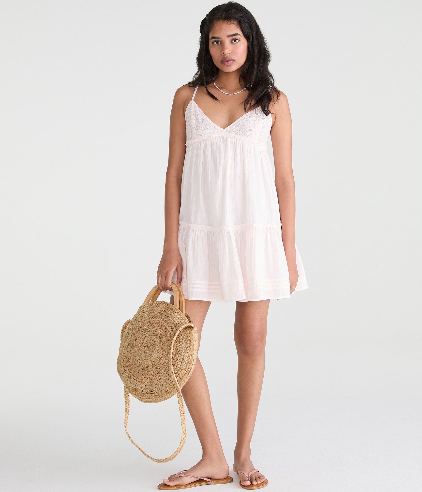 Solid V-Neck Crocheted Babydoll Mini Dress