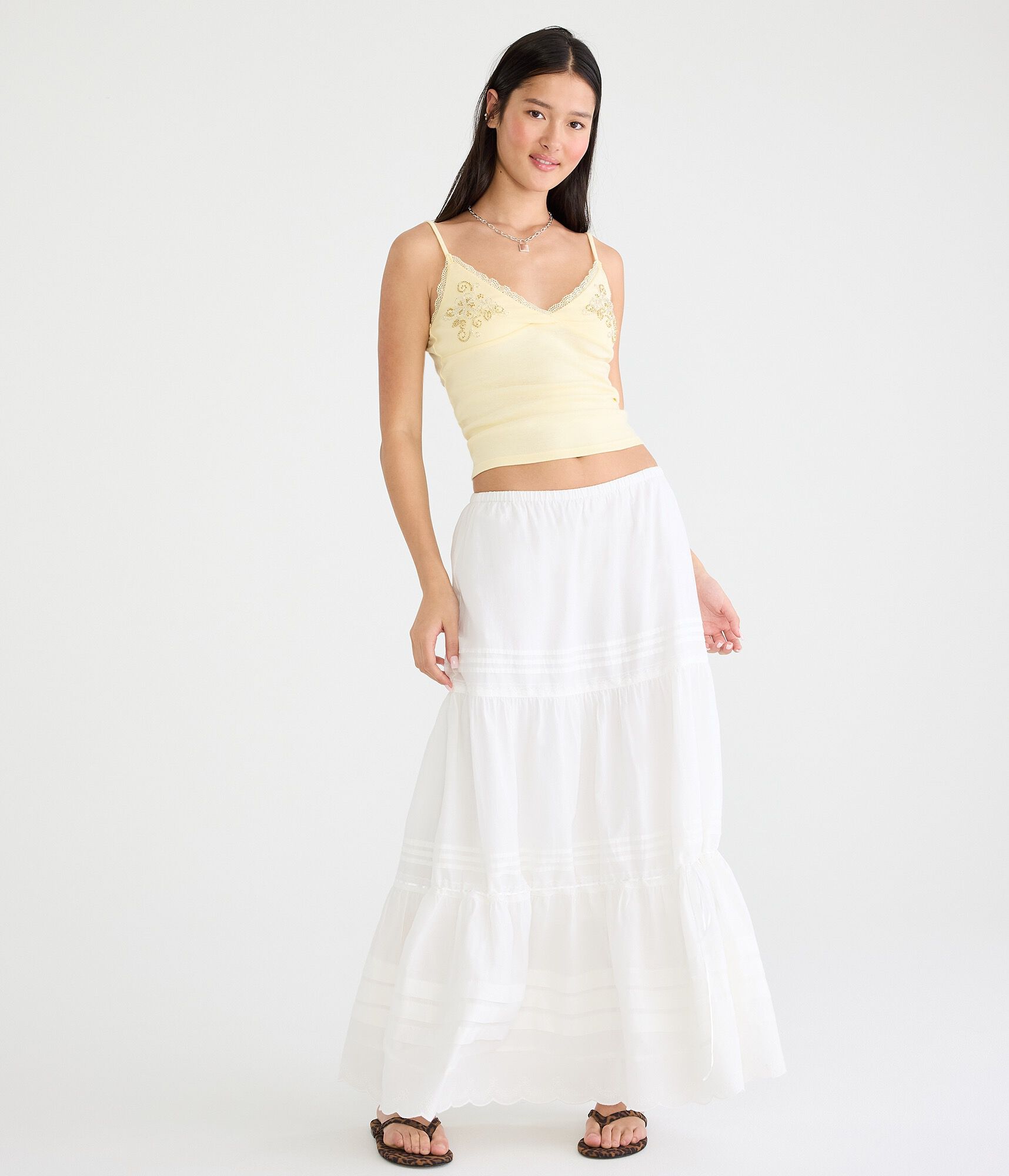 Pintuck &amp; Lace Tiered Maxi Skirt