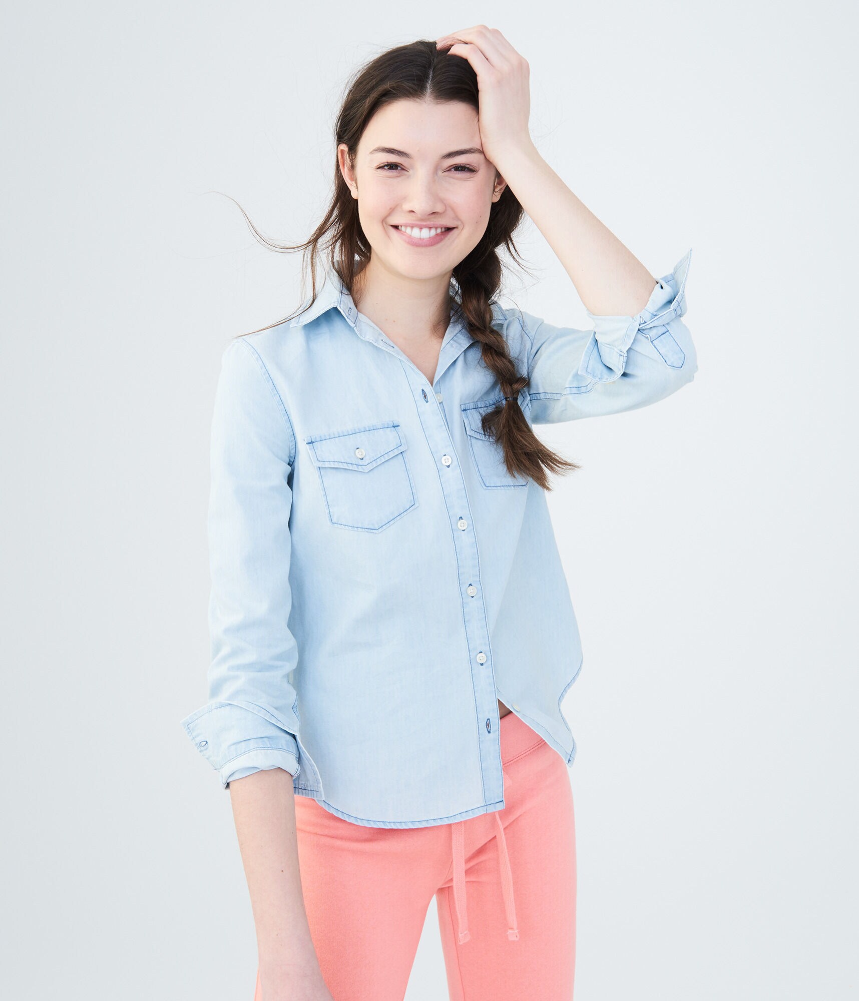 Long Sleeve Light Chambray Button-Down Shirt