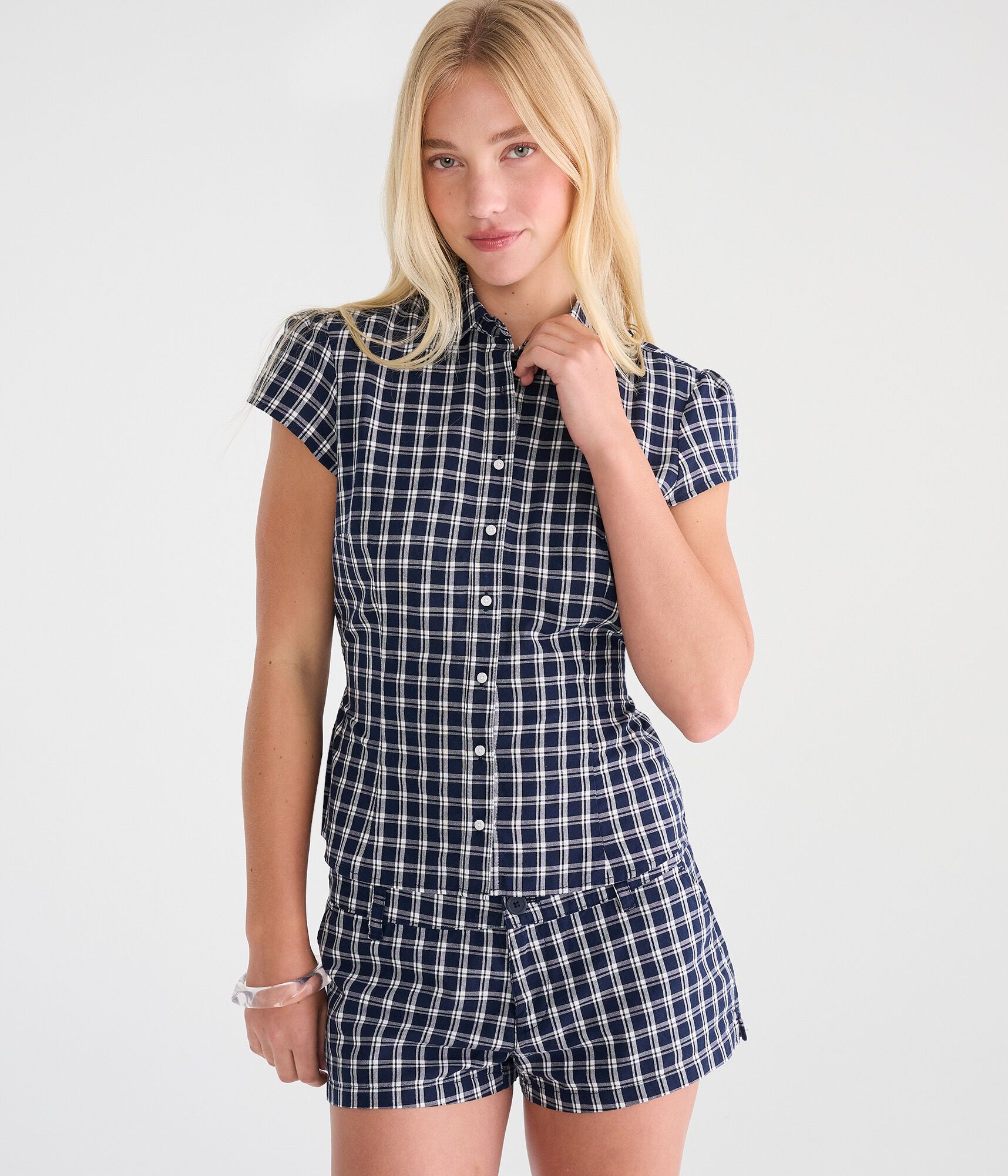 D&eacute;j&agrave; For Aero Plaid Tie-Back Blouse