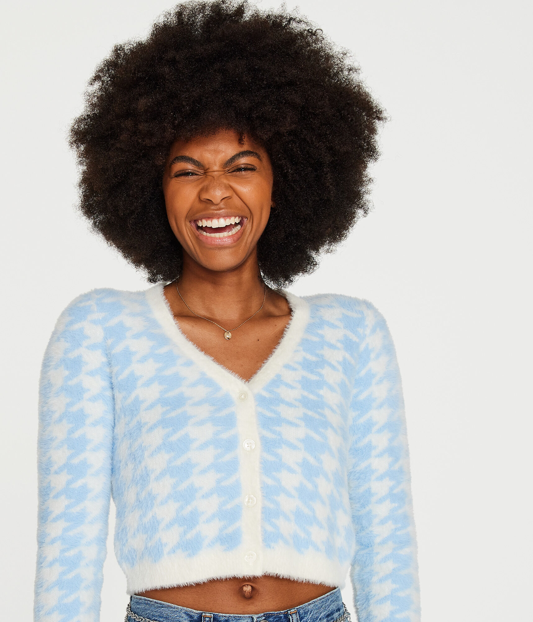 Fuzzy Houndstooth Cropped Cardigan