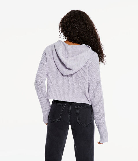 Solid Hooded Cropped V-Neck Sweater Solid Hooded Cropped V-Neck Sweater