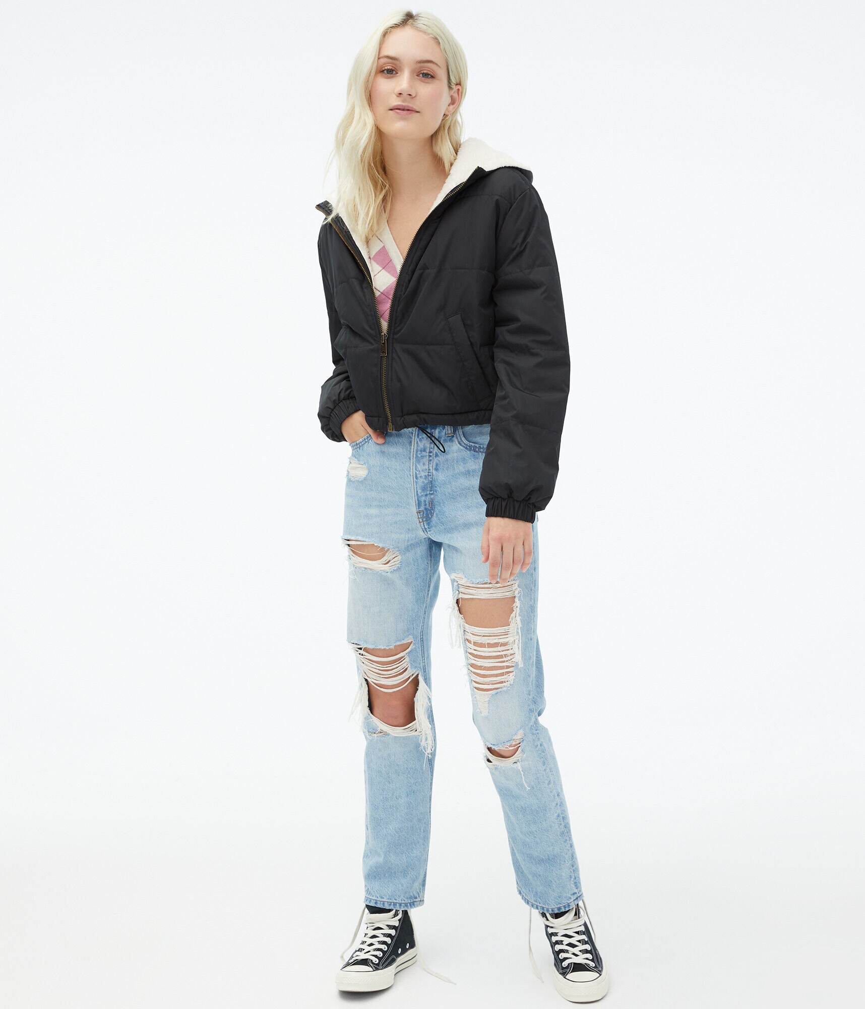 Quilted Sherpa-Lined Hooded Jacket