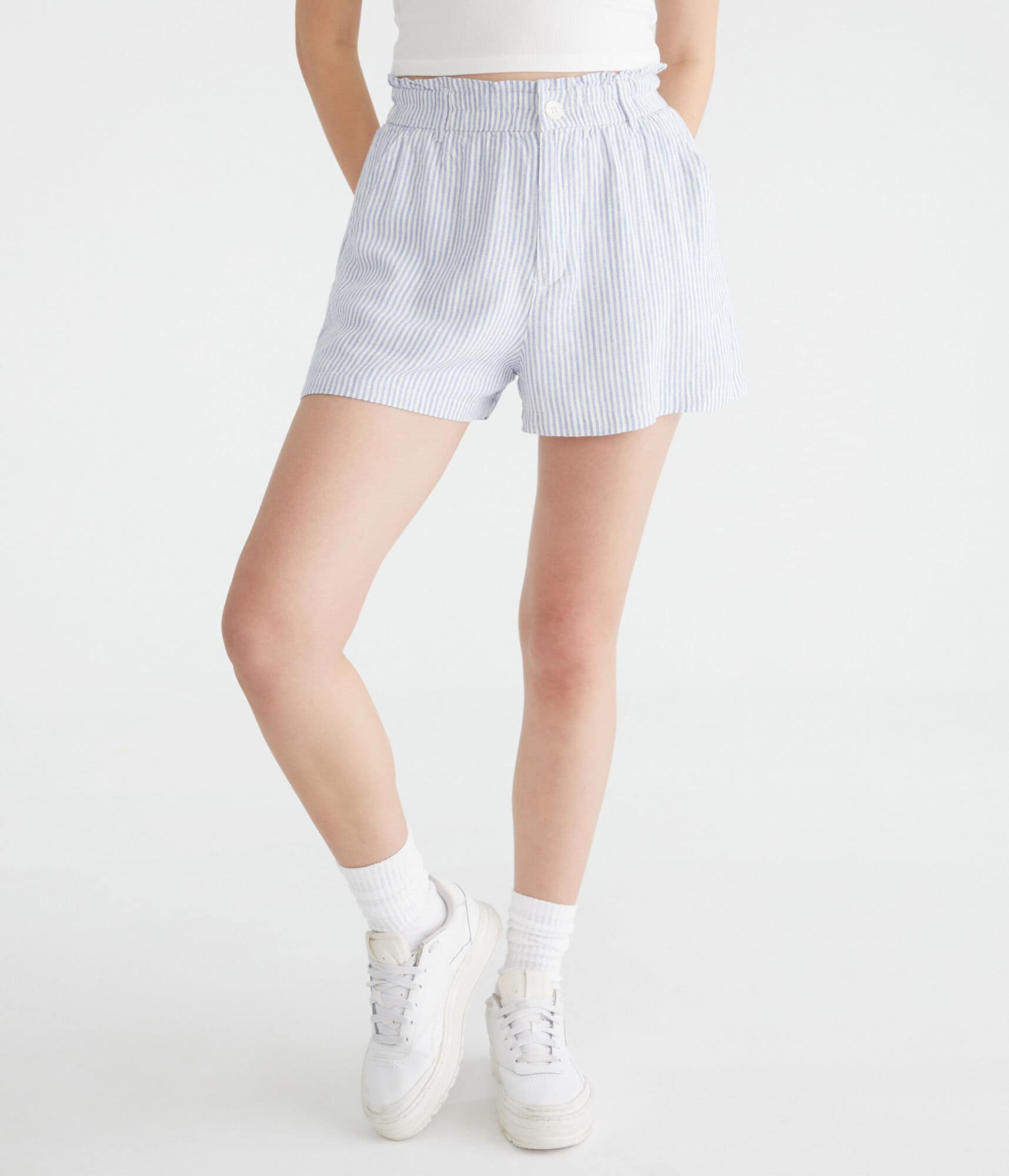 Striped High-Waisted Linen Shorts