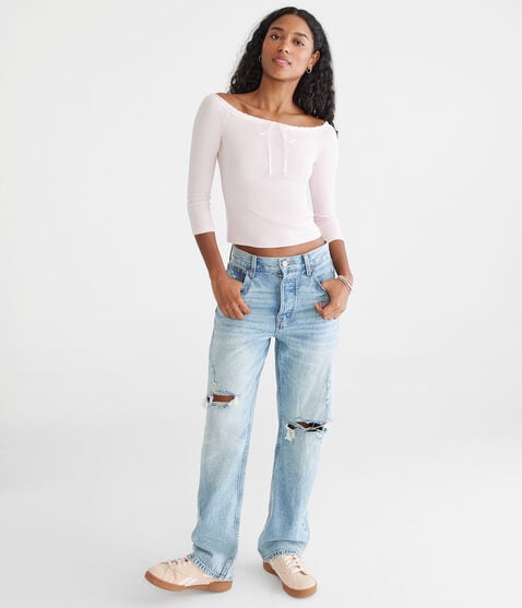 3/4 Sleeve Ribbon Off-The-Shoulder Tee 3/4 Sleeve Ribbon Off-The-Shoulder Tee