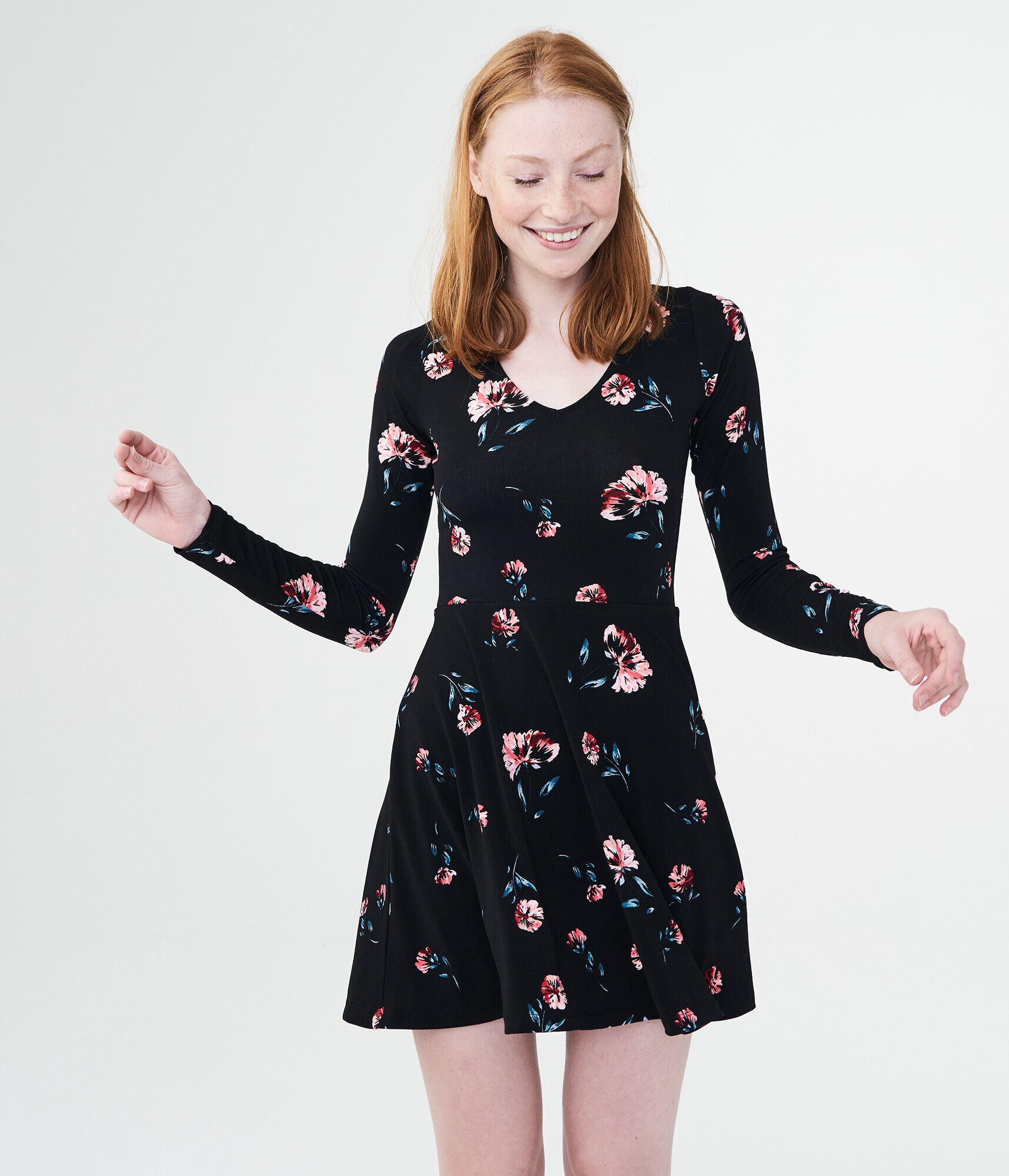 Floral V-Neck Lace-Up-Back Fit &amp; Flare Dress