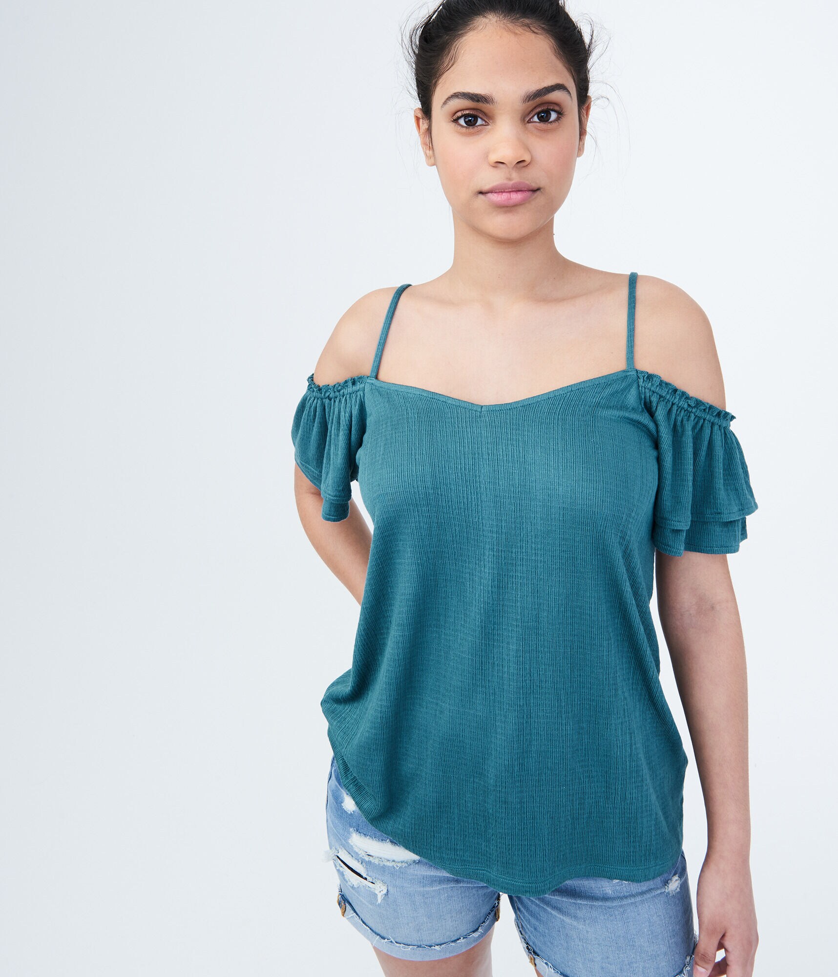 Solid Textured Cold-Shoulder Top