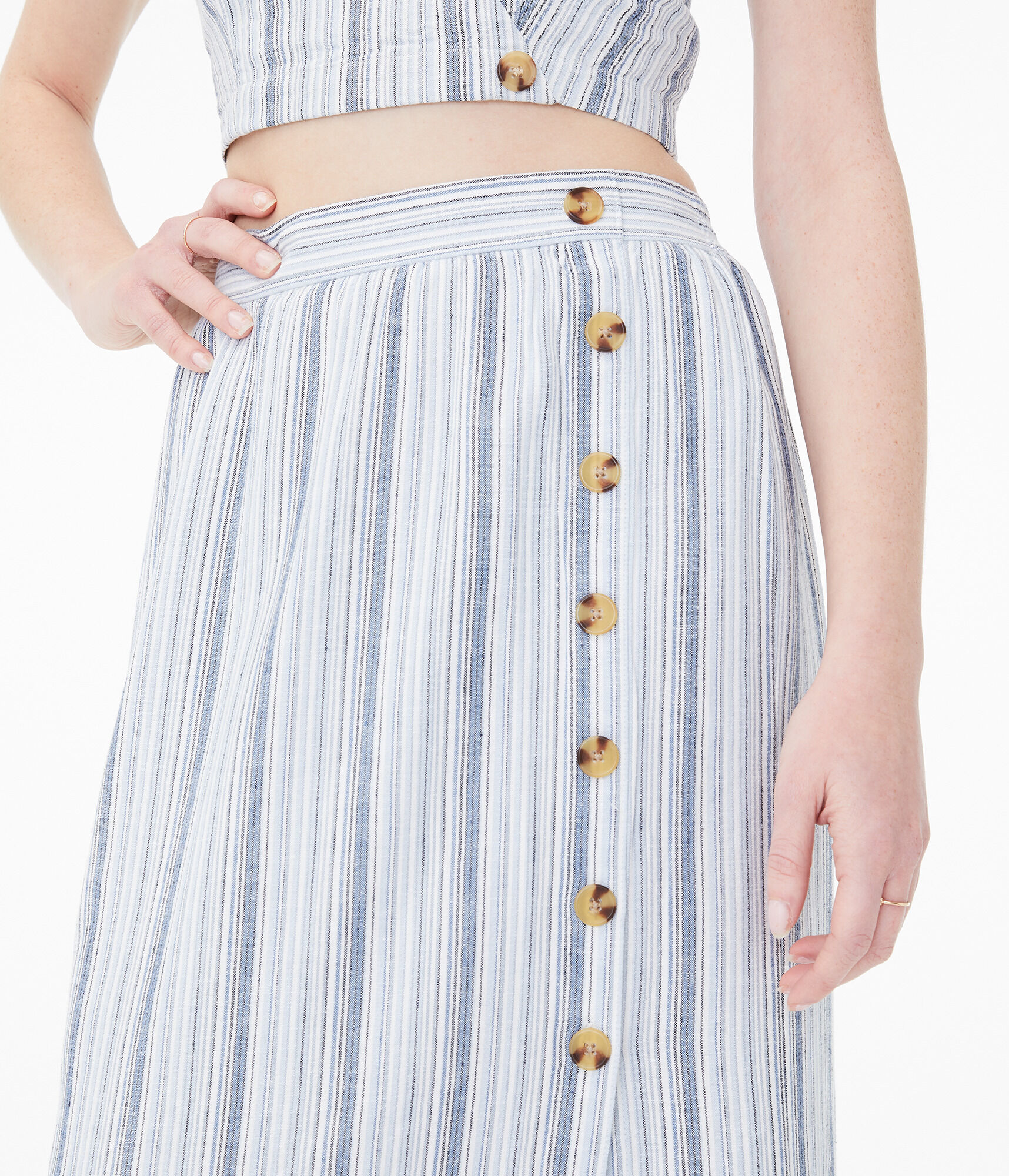 Striped Button-Front Midi Skirt