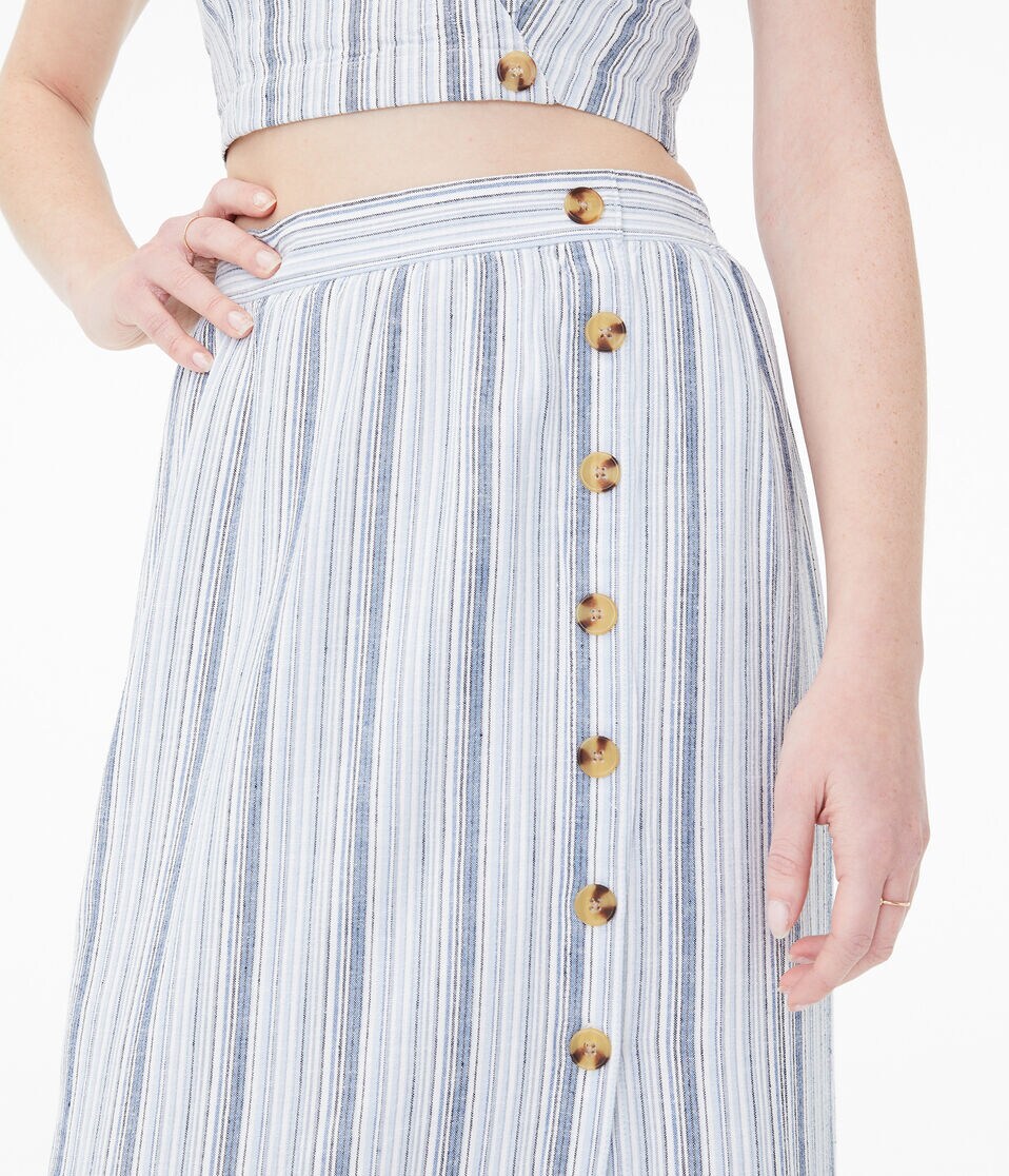 Striped Button-Front Midi Skirt