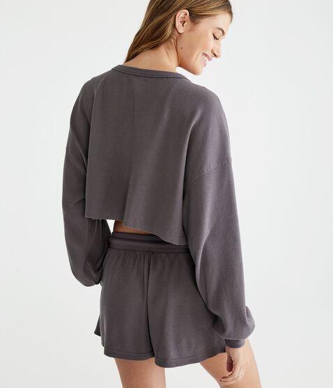 Long Sleeve Waffle-Knit Cropped Sleep Henley