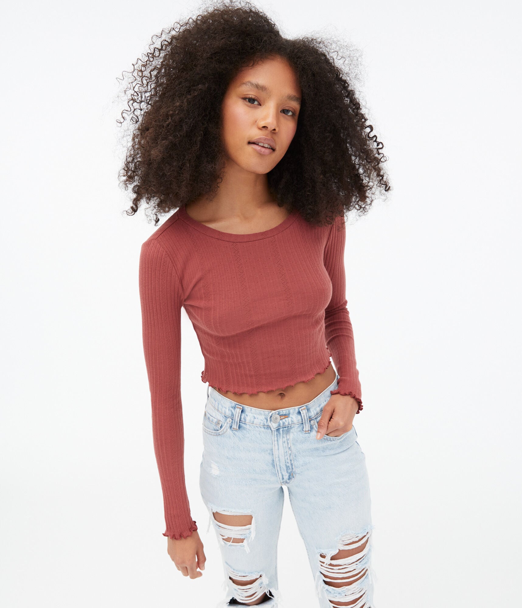 Long Sleeve Pointelle Cropped Shrunken Tee
