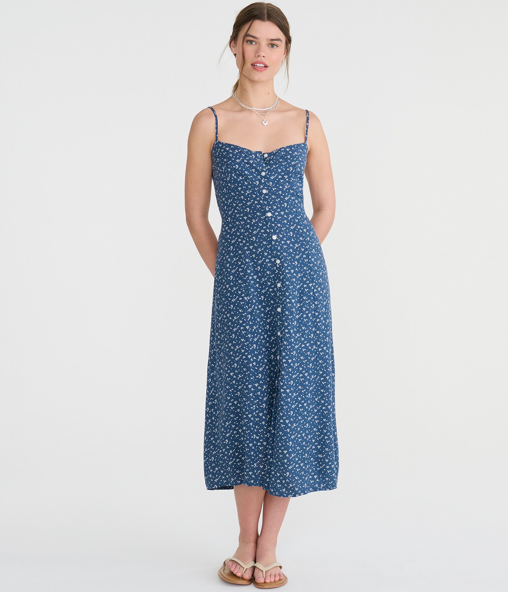 Floral Square-Neck Button-Front Midi Dress
