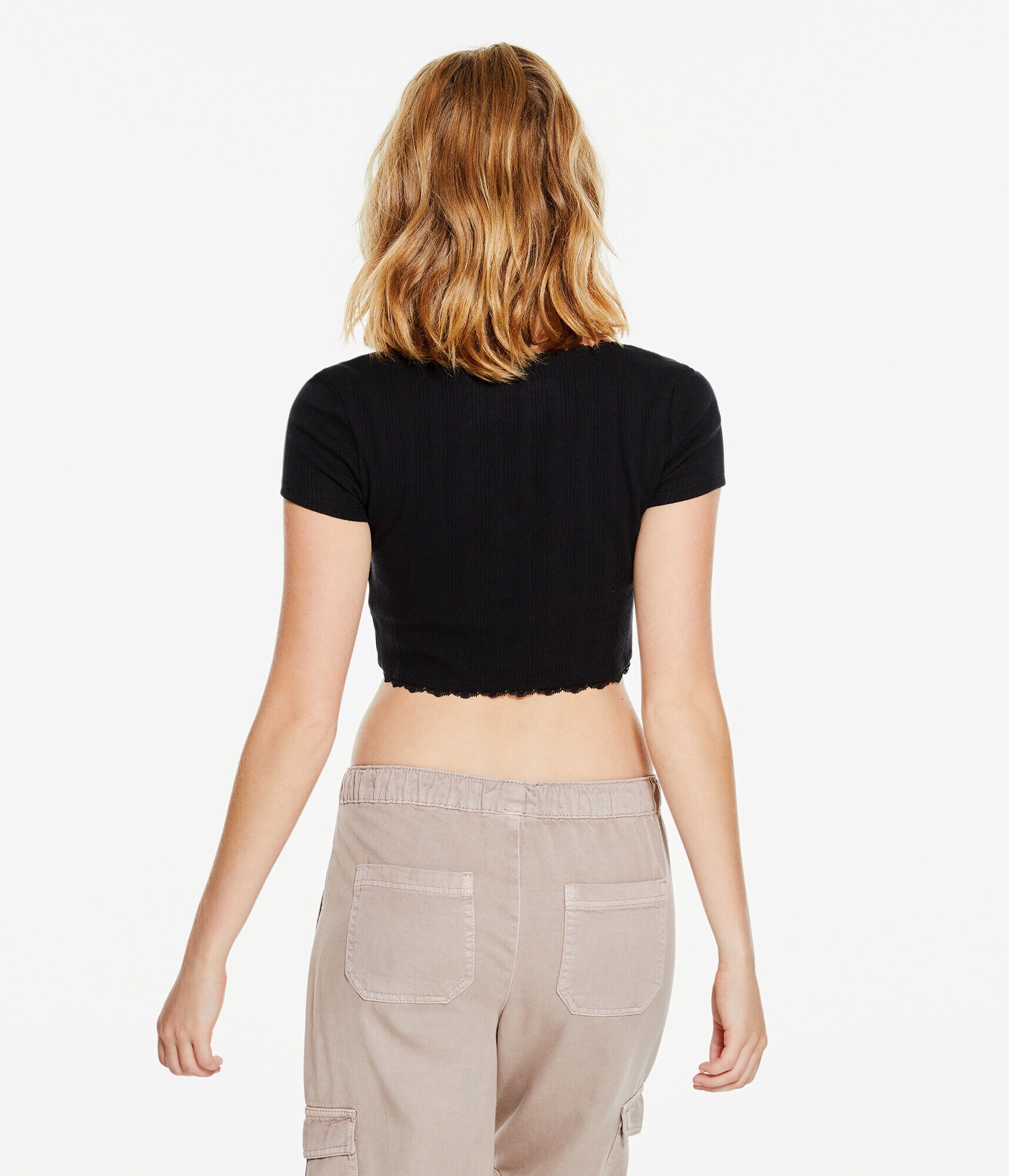 Lace-Trim Button-Front Crop Top