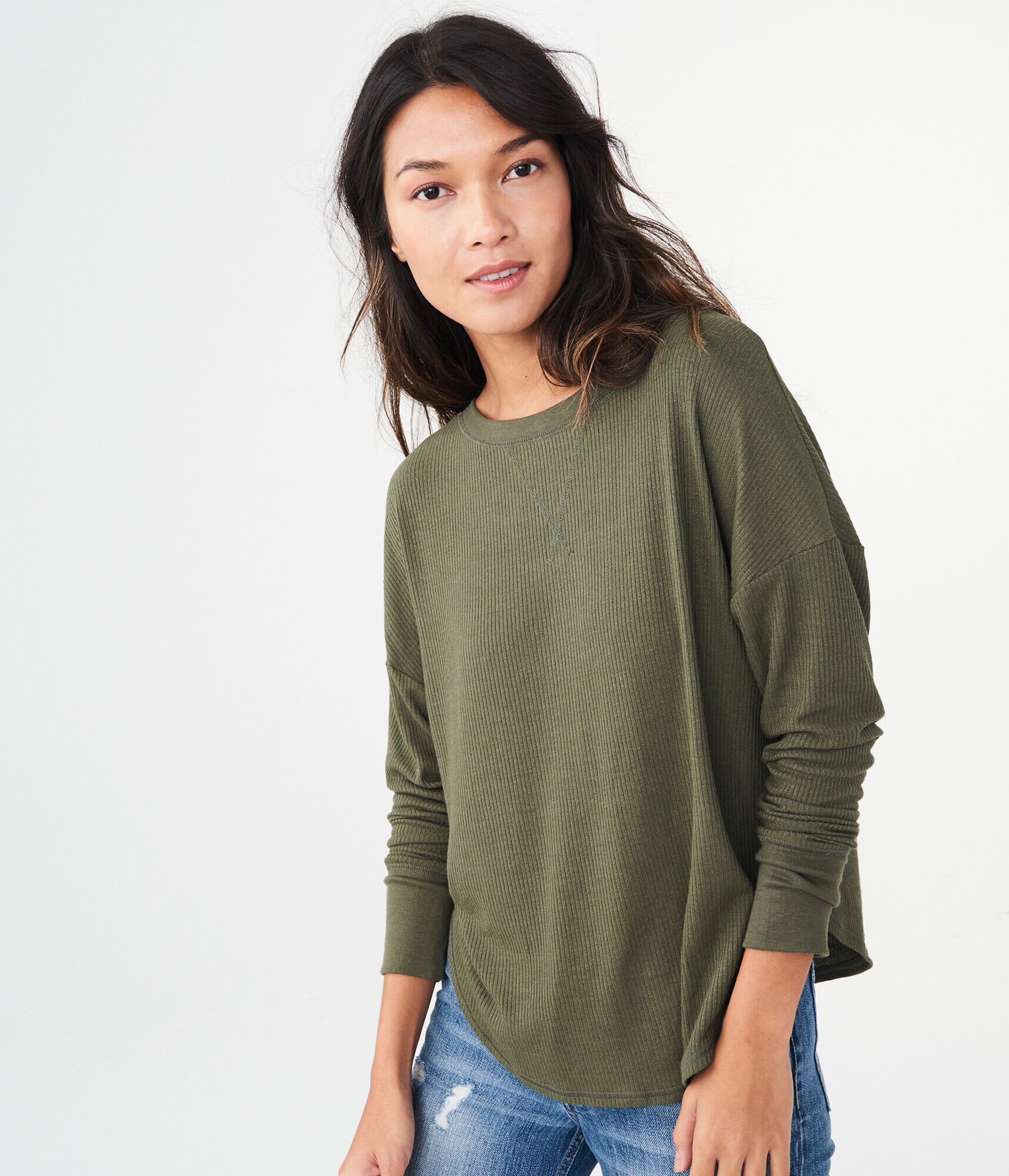 Long Sleeve Drapey Ribbed Knit Top
