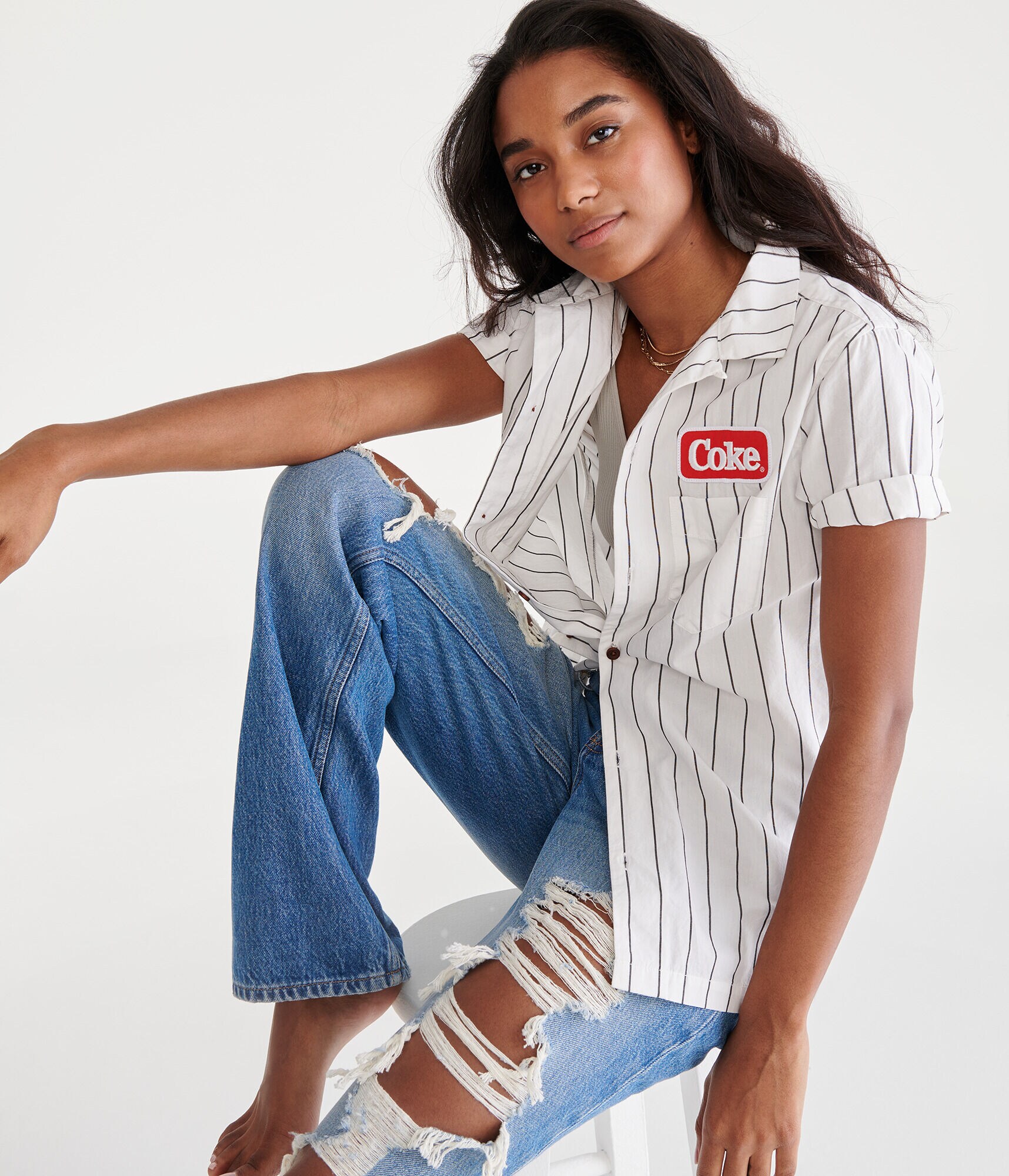 Coca-Cola&reg; by A&eacute;ropostale Coke Logo Striped Button-Down Shirt