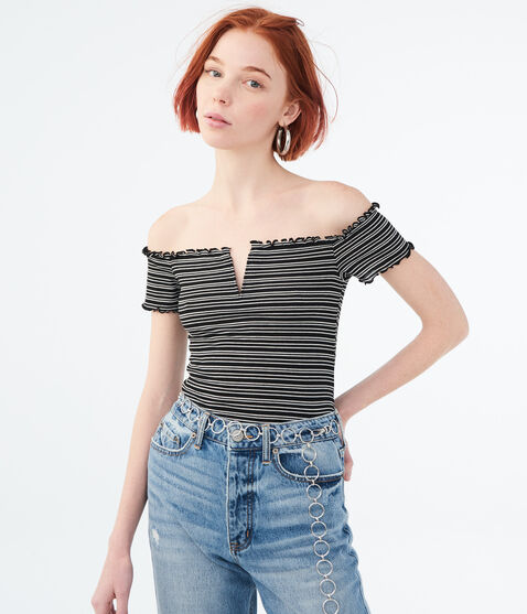 Striped Lettuce-Trim V-Wire Off-The-Shoulder Top Striped Lettuce-Trim V-Wire Off-The-Shoulder Top
