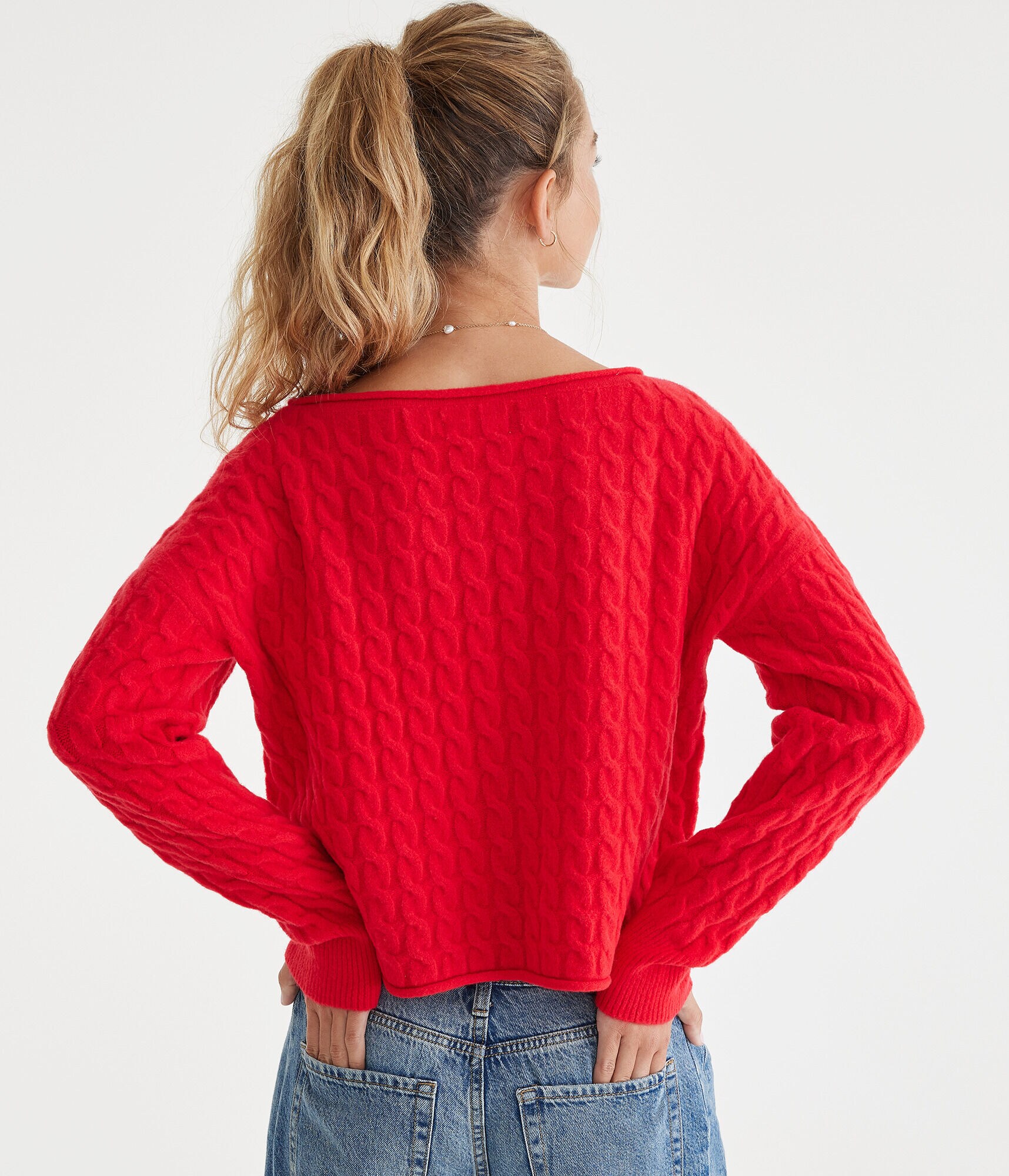 Cable Cropped Boat-Neck Sweater