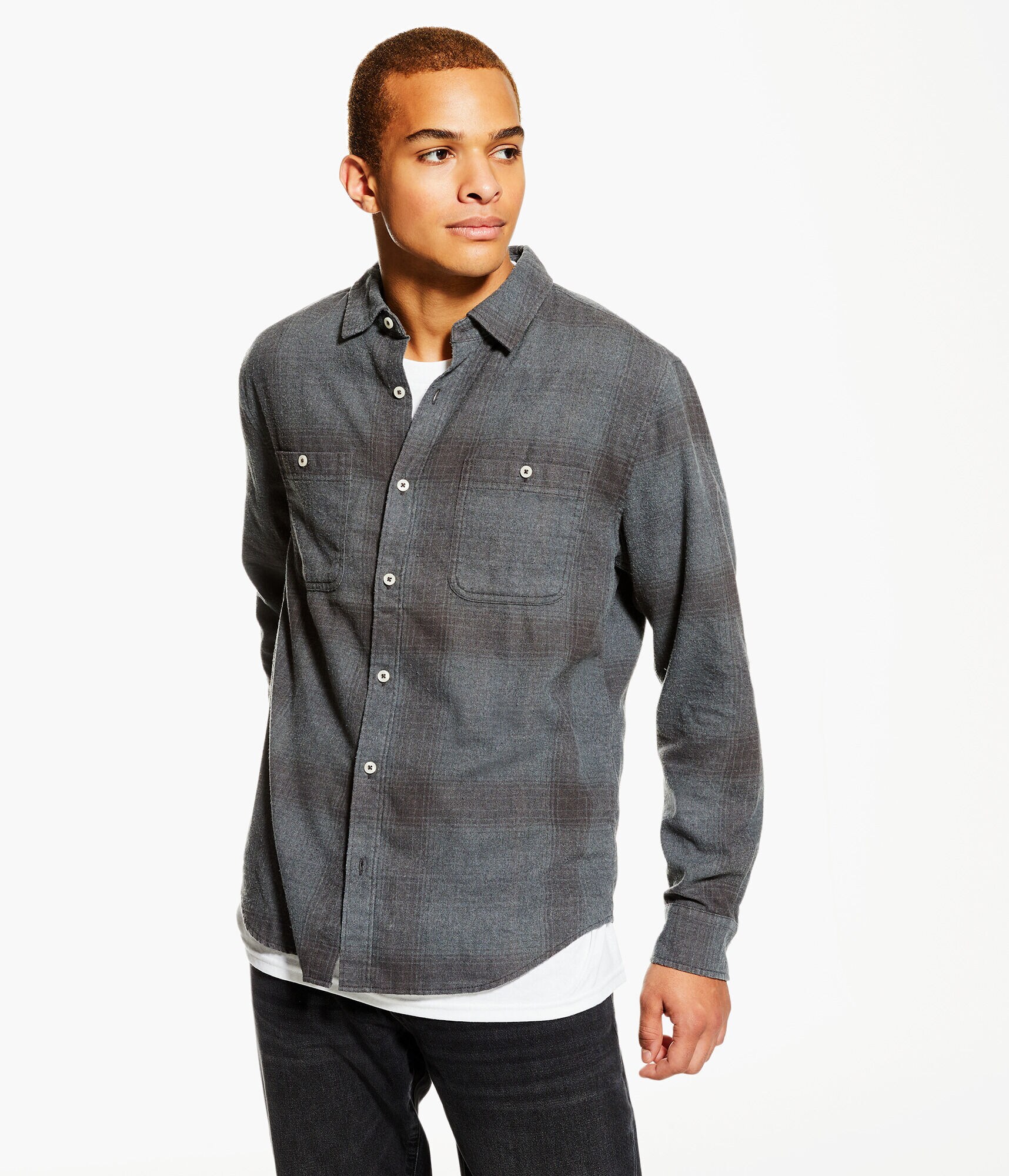 Long Sleeve Relaxed Washed Plaid Flannel Button-Down Shirt
