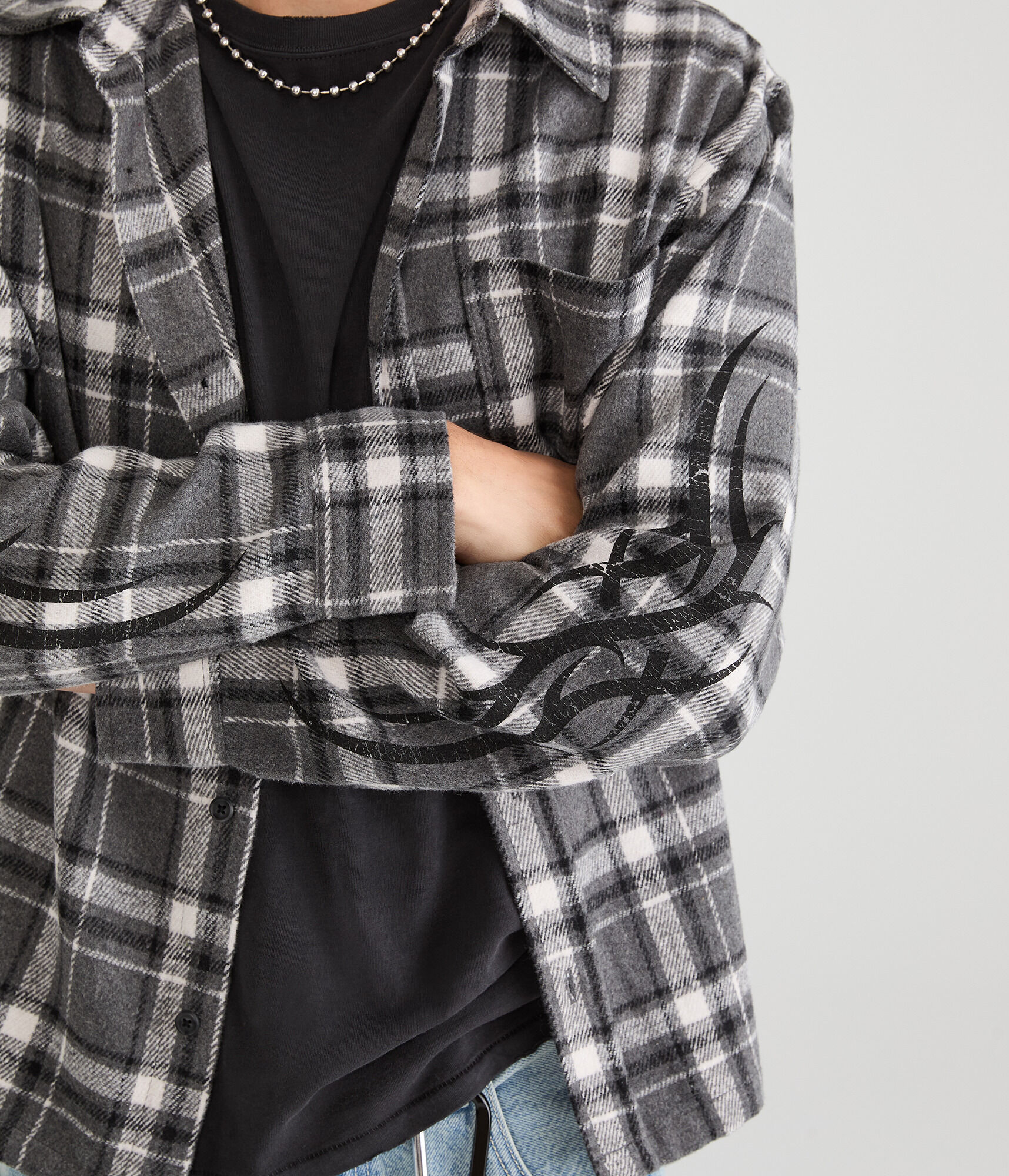 Long Sleeve Plaid Tattoo Graphic Boxy Flannel Shirt