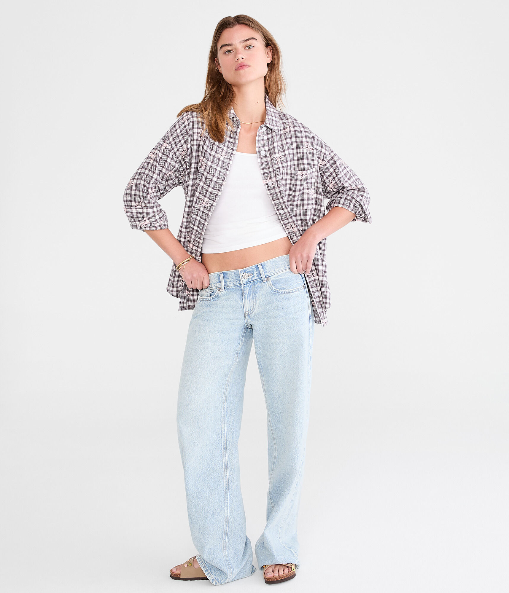 Long Sleeve Embroidered Bow Plaid Flannel Shirt