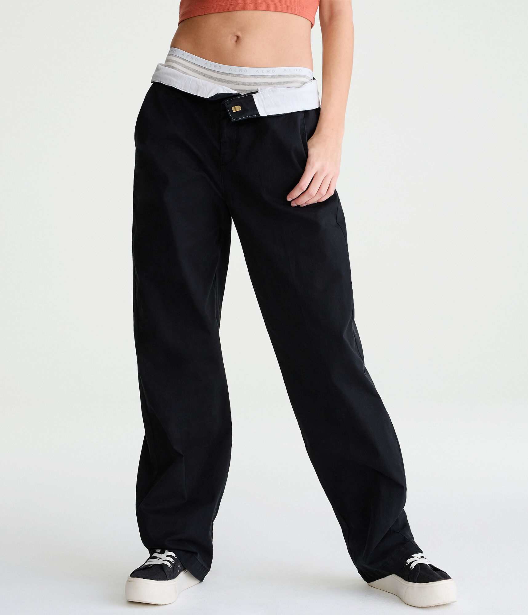 Fold-Over Waistband Straight Stretch Twill Pants