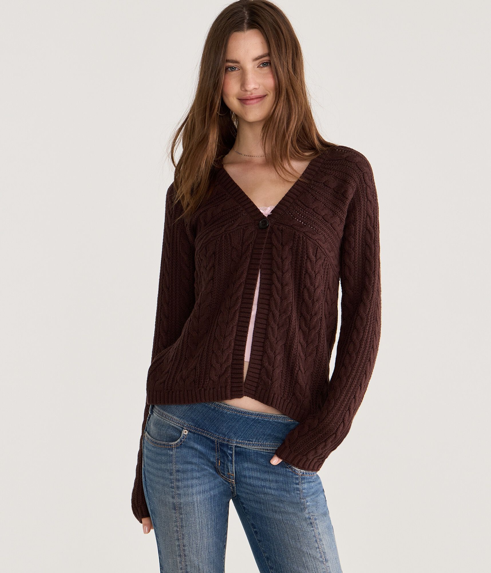 Babydoll One-Button Cable Cardigan