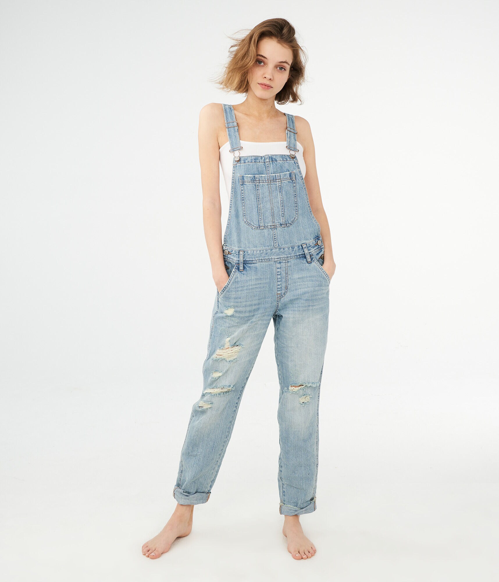 Light Wash Relaxed Denim Overalls