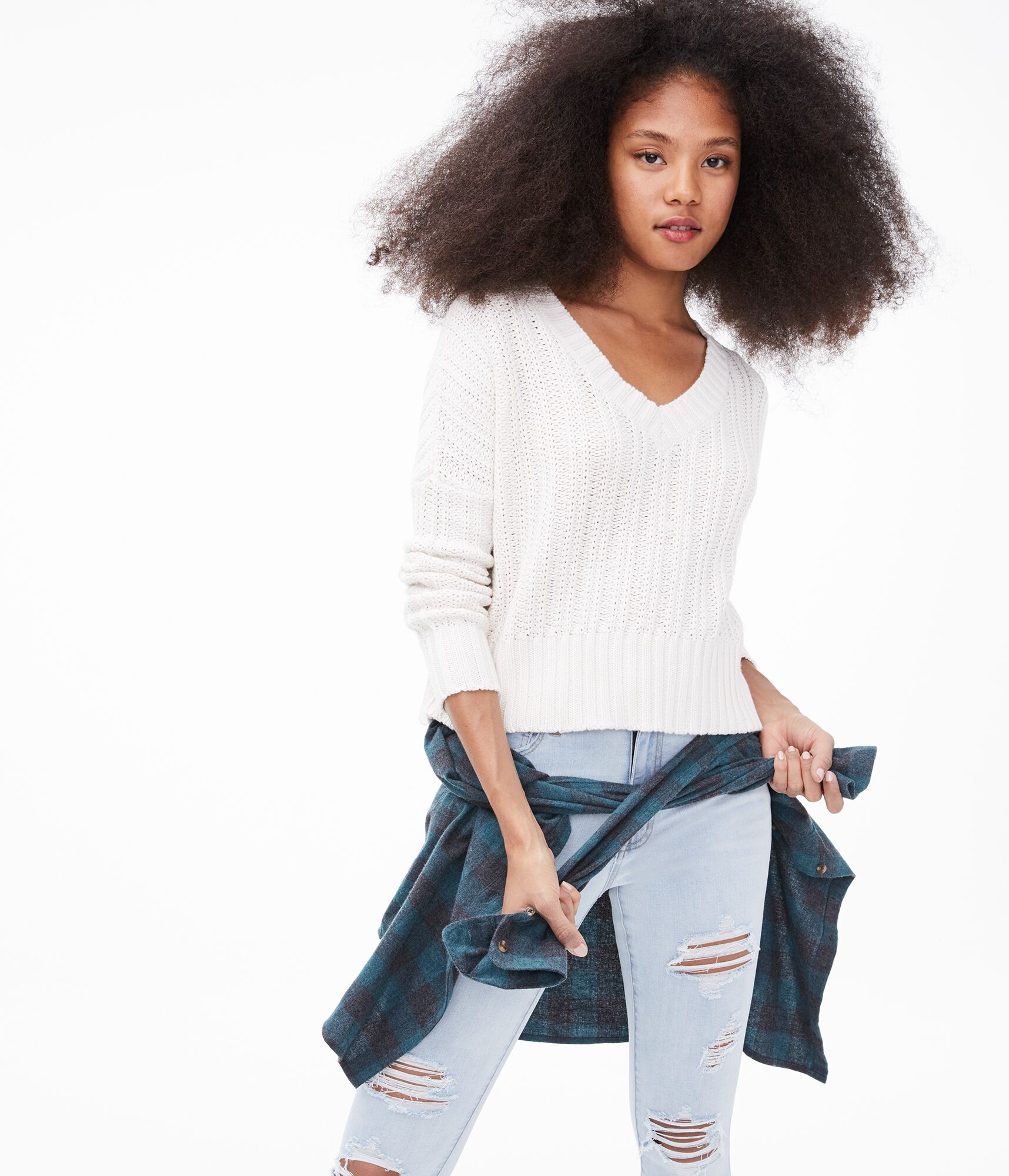 Cropped V-Neck Sweater