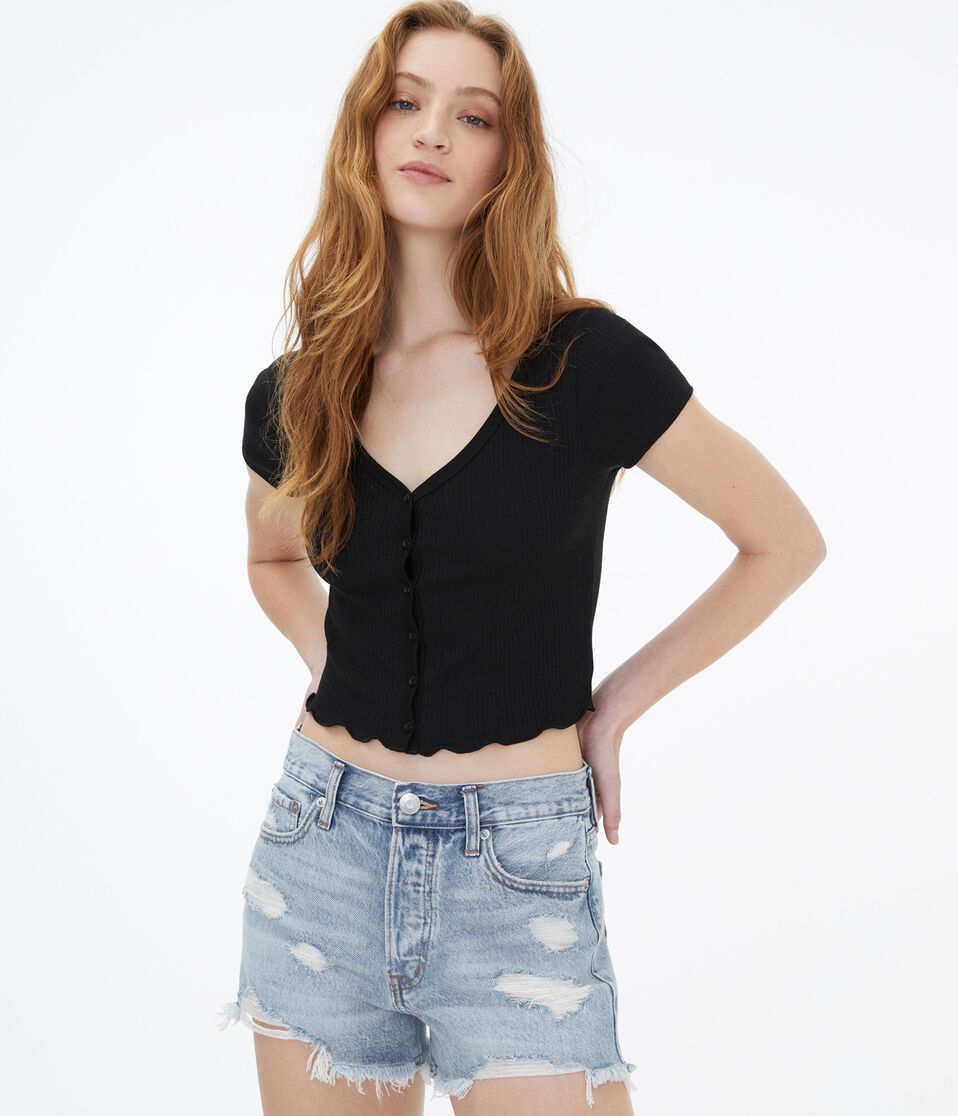 Button-Front Cropped Shrunken Tee