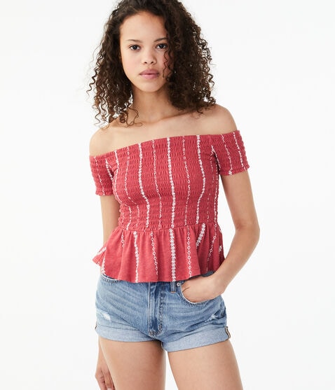 Smocked Peplum Off-The-Shoulder Top