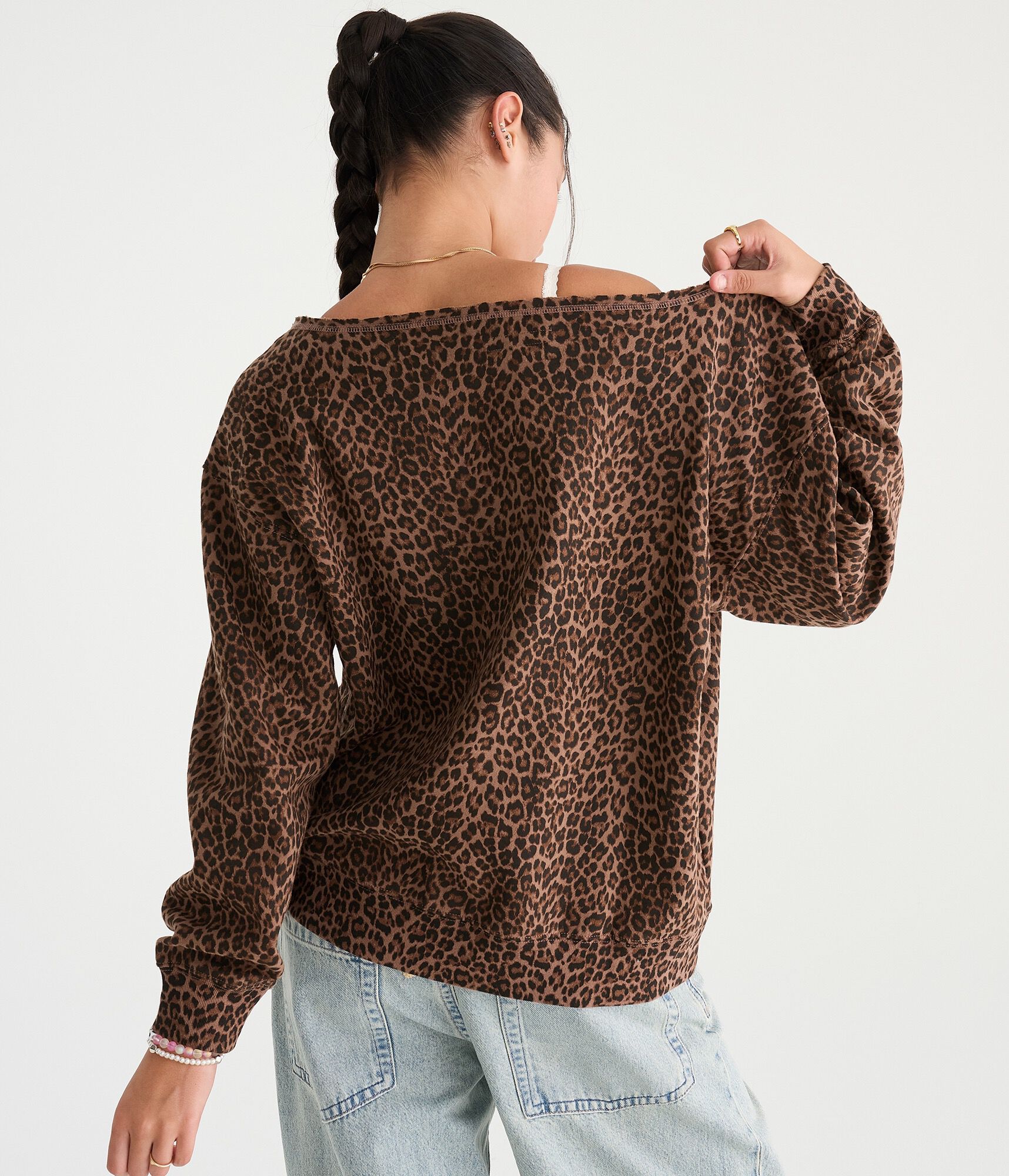 D&eacute;j&agrave; For Aero Leopard Print 87 Oversized Off-The-Shoulder Sweatshirt