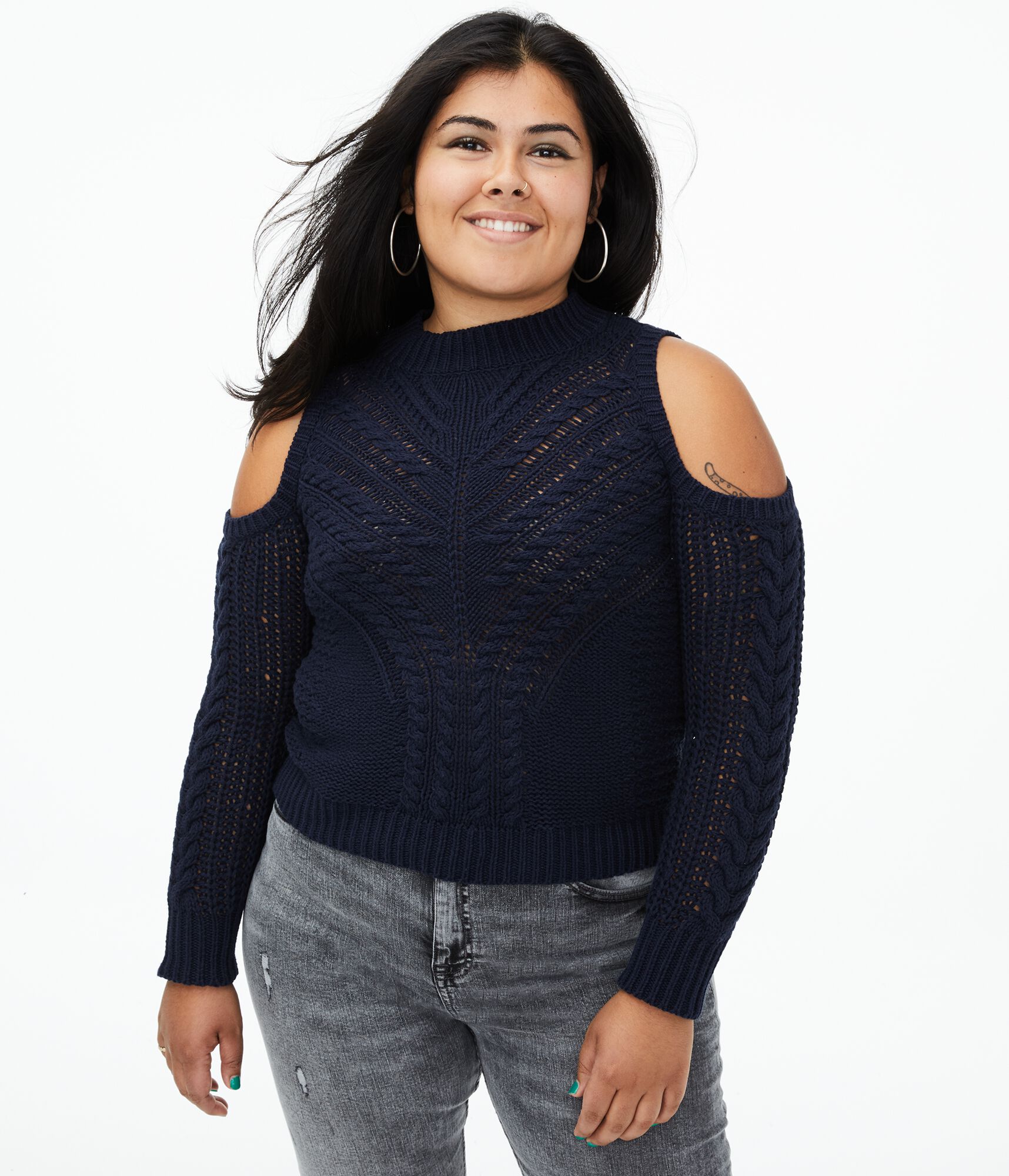 Cable-Knit Cold-Shoulder Sweater