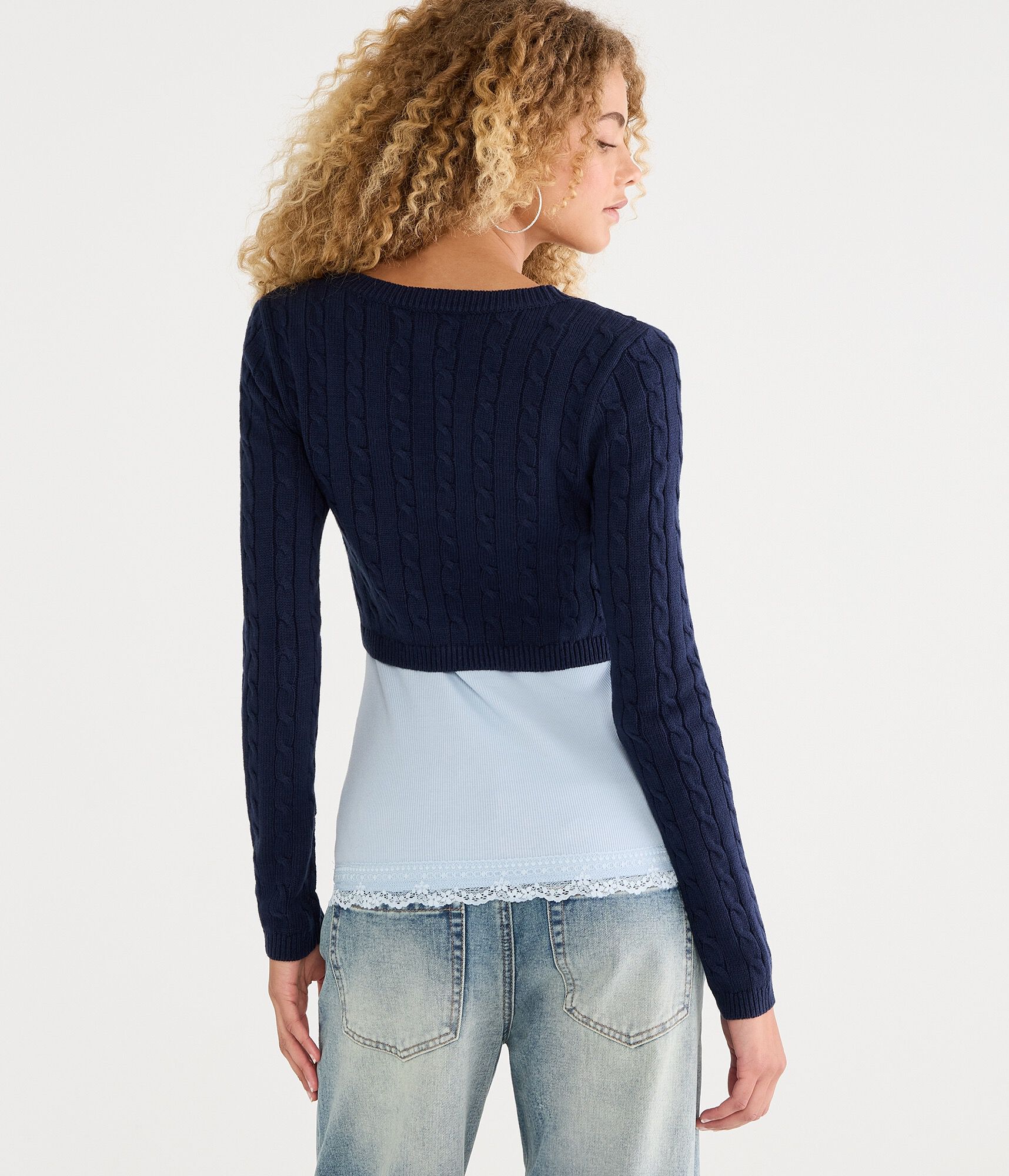 Long Sleeve Cable Tie-Front Sweater Shrug