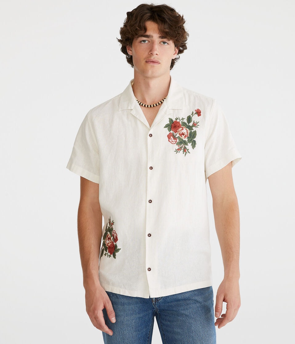 Floral Embroidered Camp Shirt