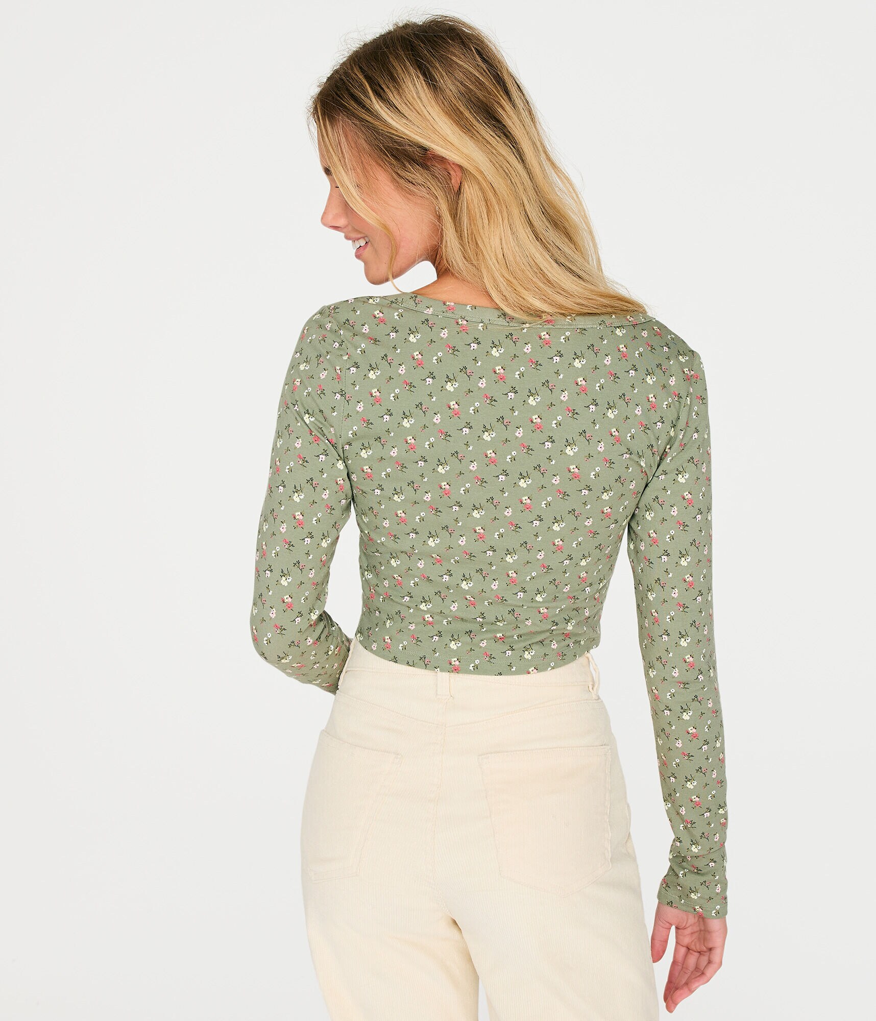 Long Sleeve Floral Lace-Up Cropped Shrunken Tee