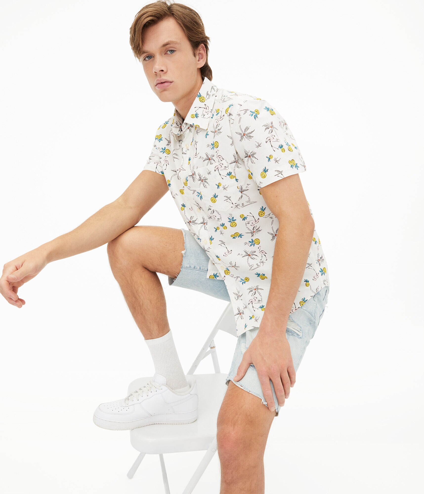 Flamingo Pineapple Print Button-Down Shirt