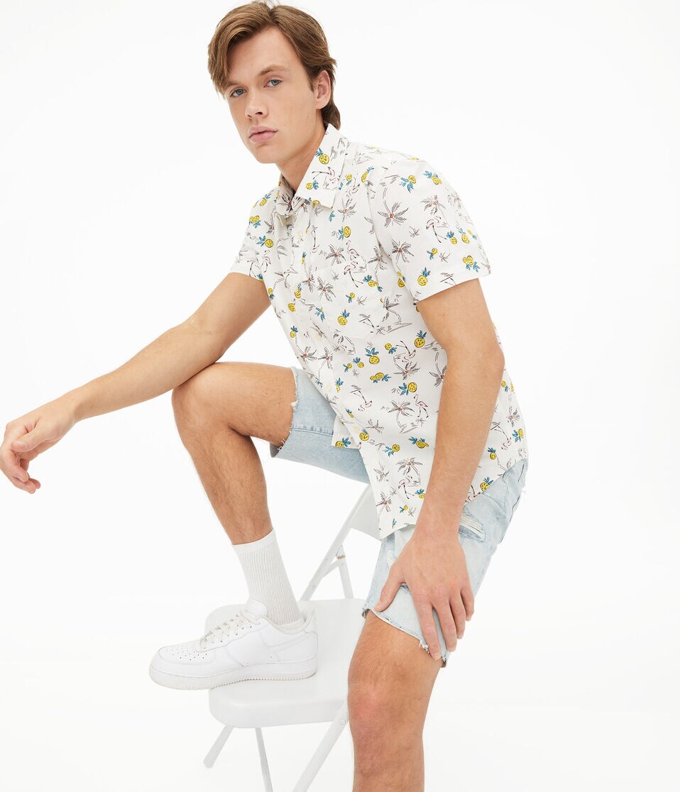 Flamingo Pineapple Print Button-Down Shirt