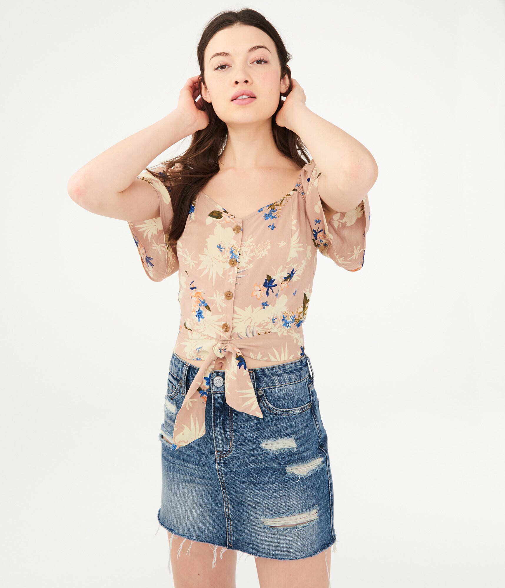 Floral Button-Front Tie Top