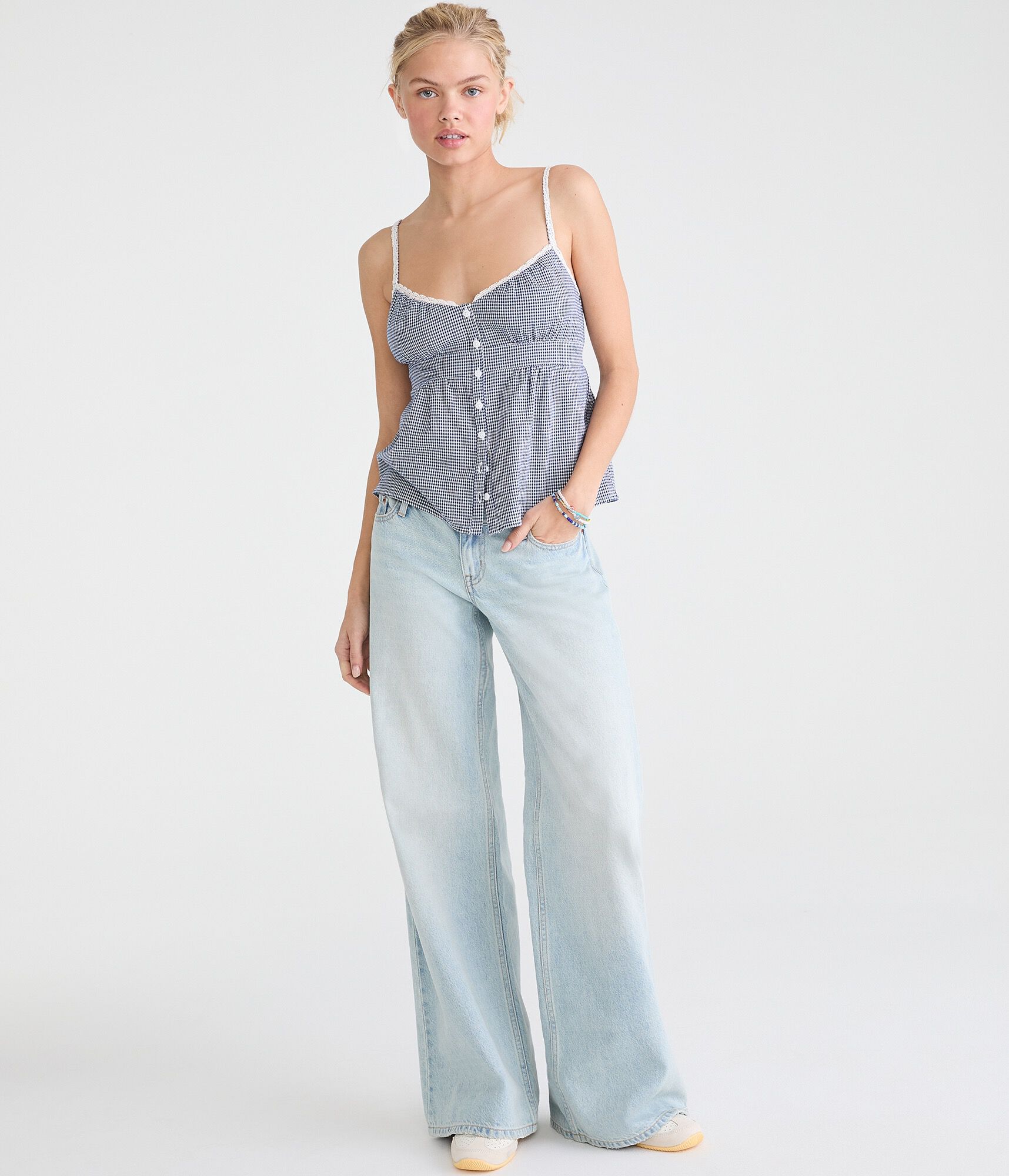 Yarn-Dyed Gingham Lace-Trim Cami