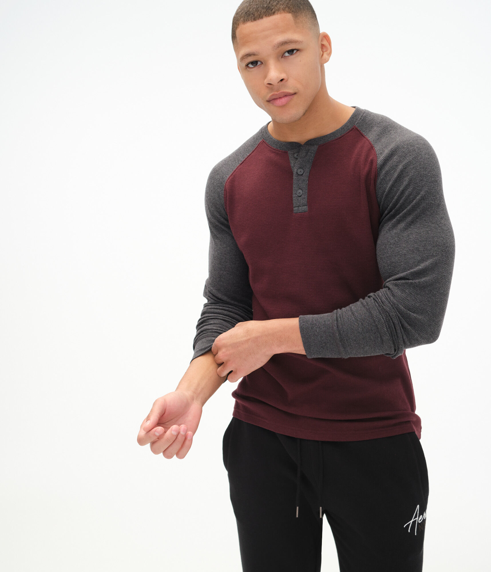 Long Sleeve Waffle-Knit Raglan Henley