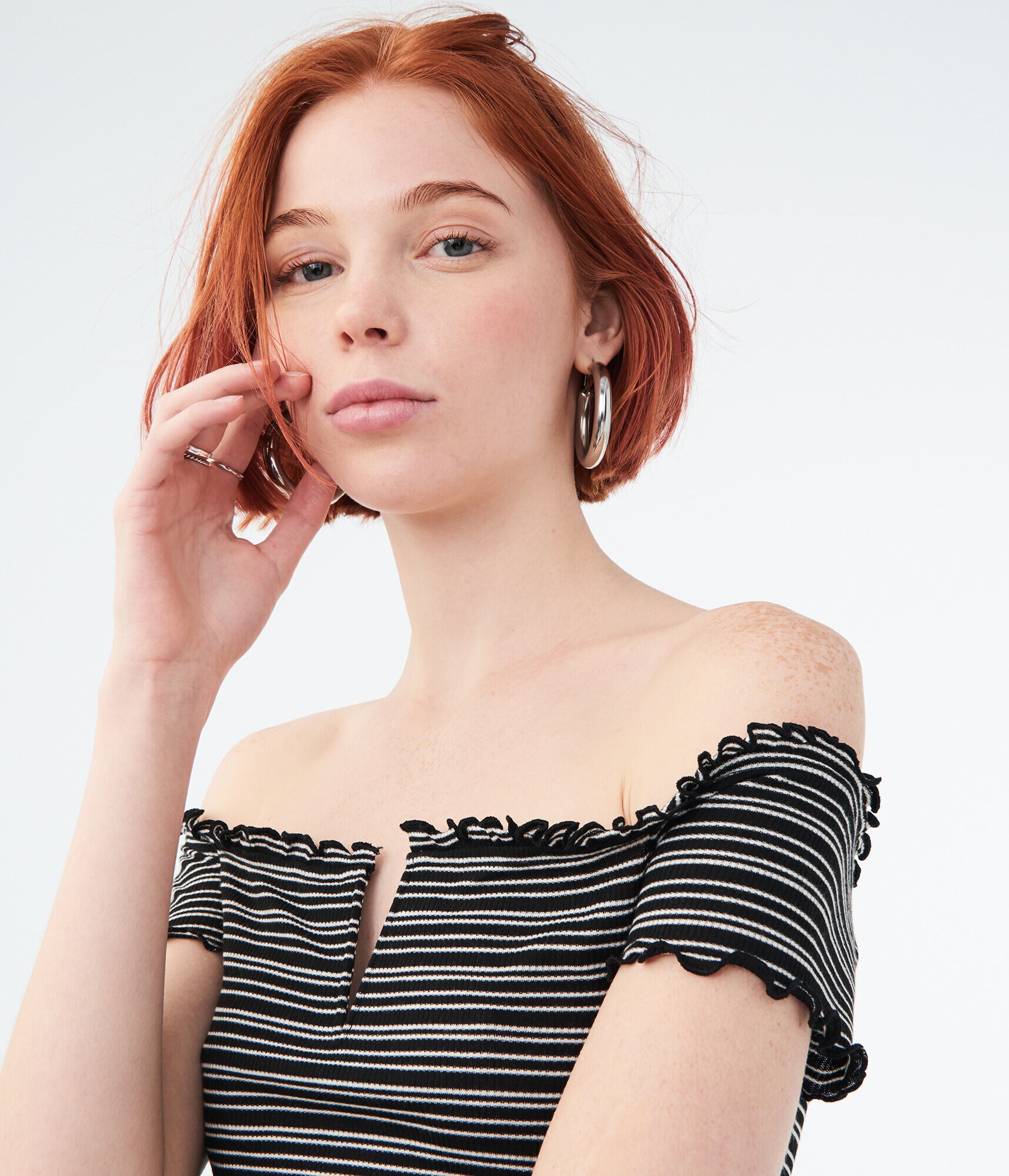 Striped Lettuce-Trim V-Wire Off-The-Shoulder Top