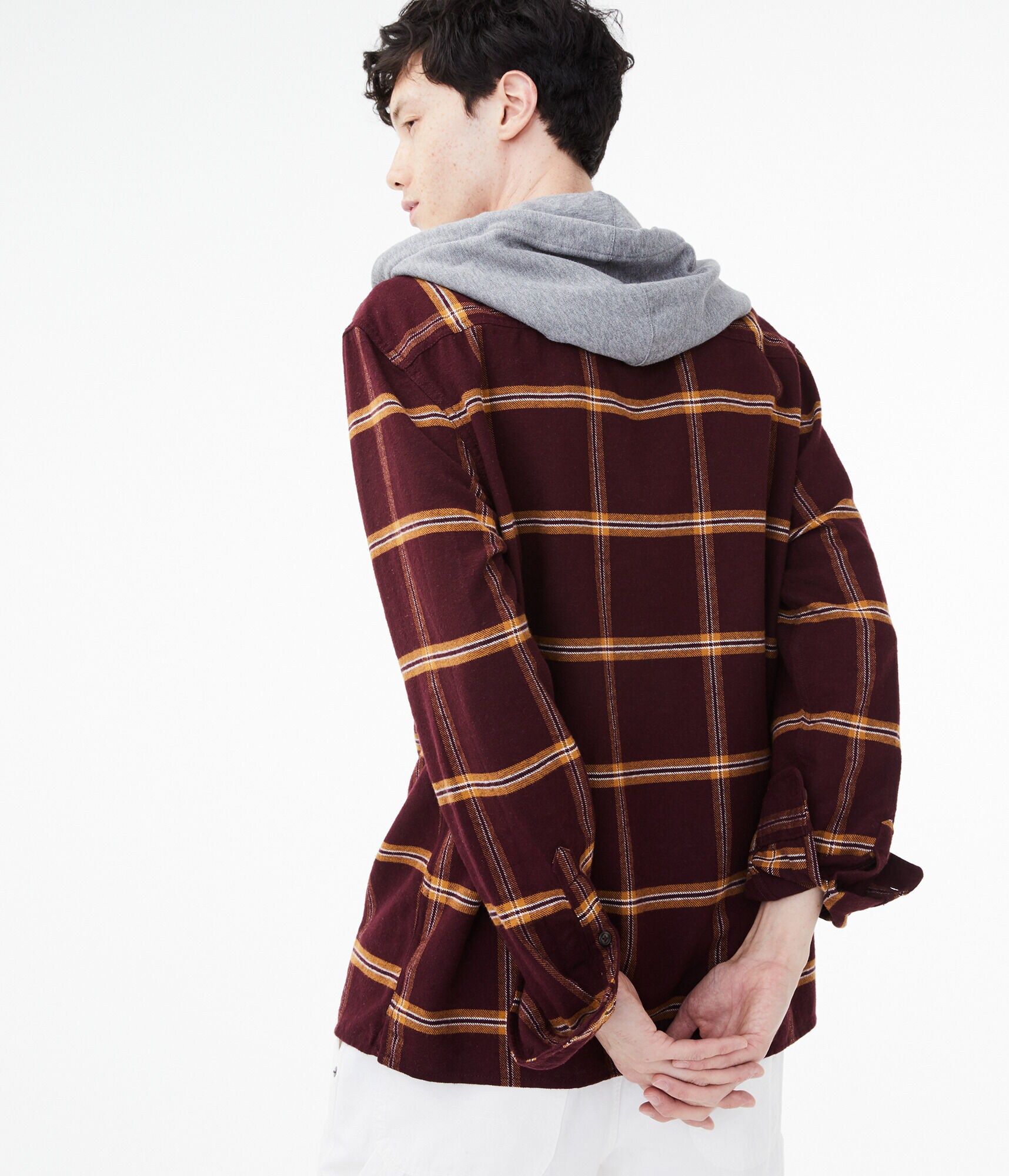 Long Sleeve Windowpane Hooded Button-Down Shirt