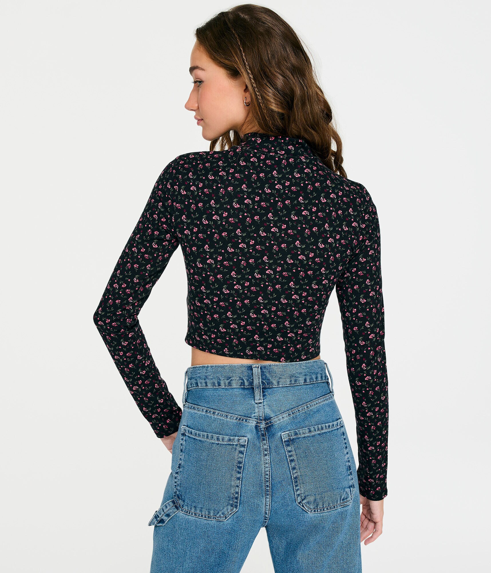 Long Sleeve Floral Mock-Neck Crop Top