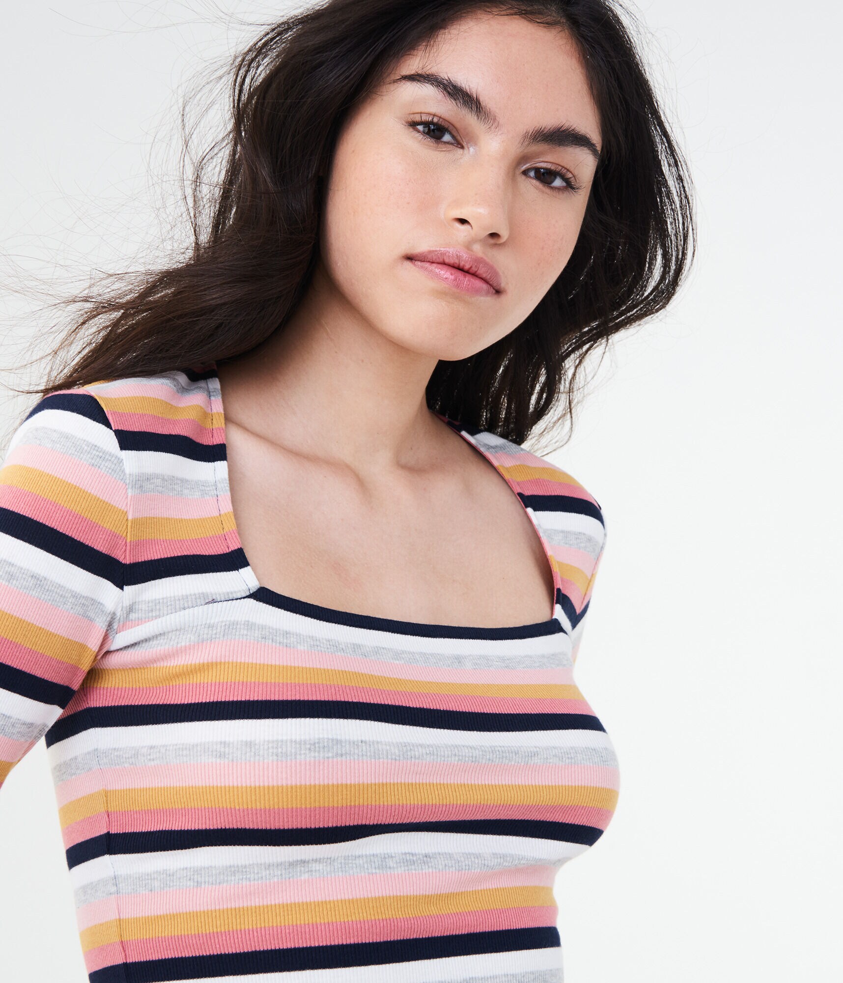 Long Sleeve Striped Square-Neck Bodycon Top