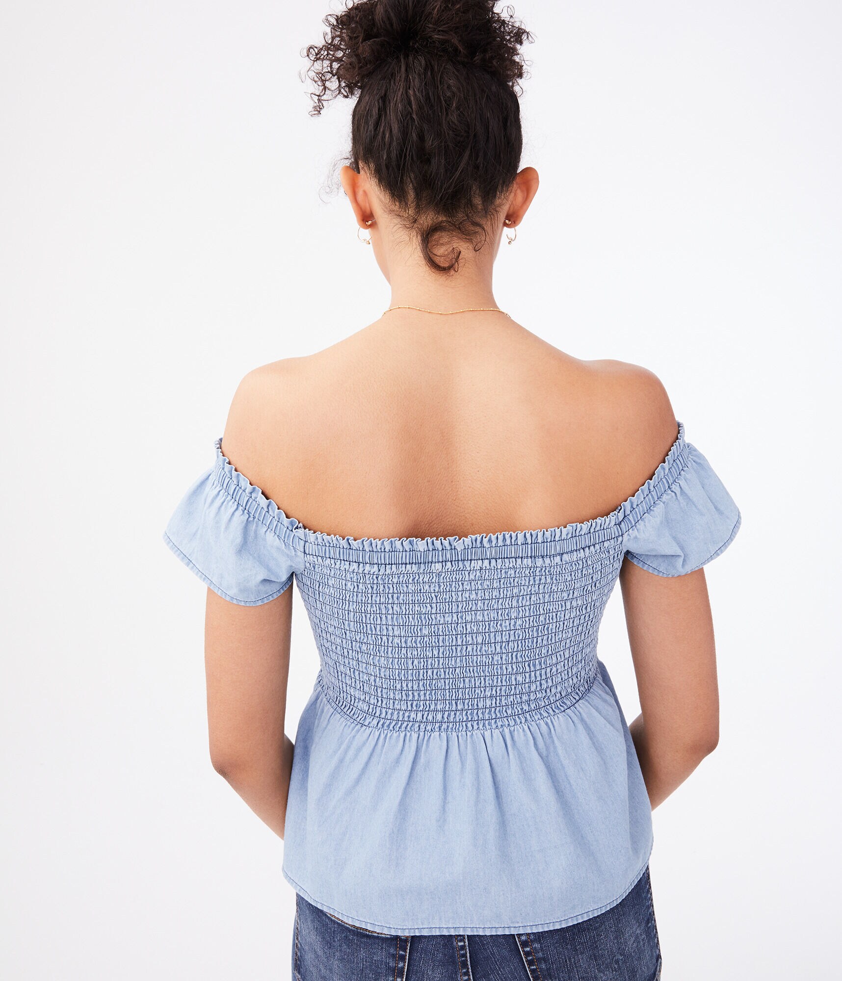 Chambray Off-The-Shoulder Babydoll Top