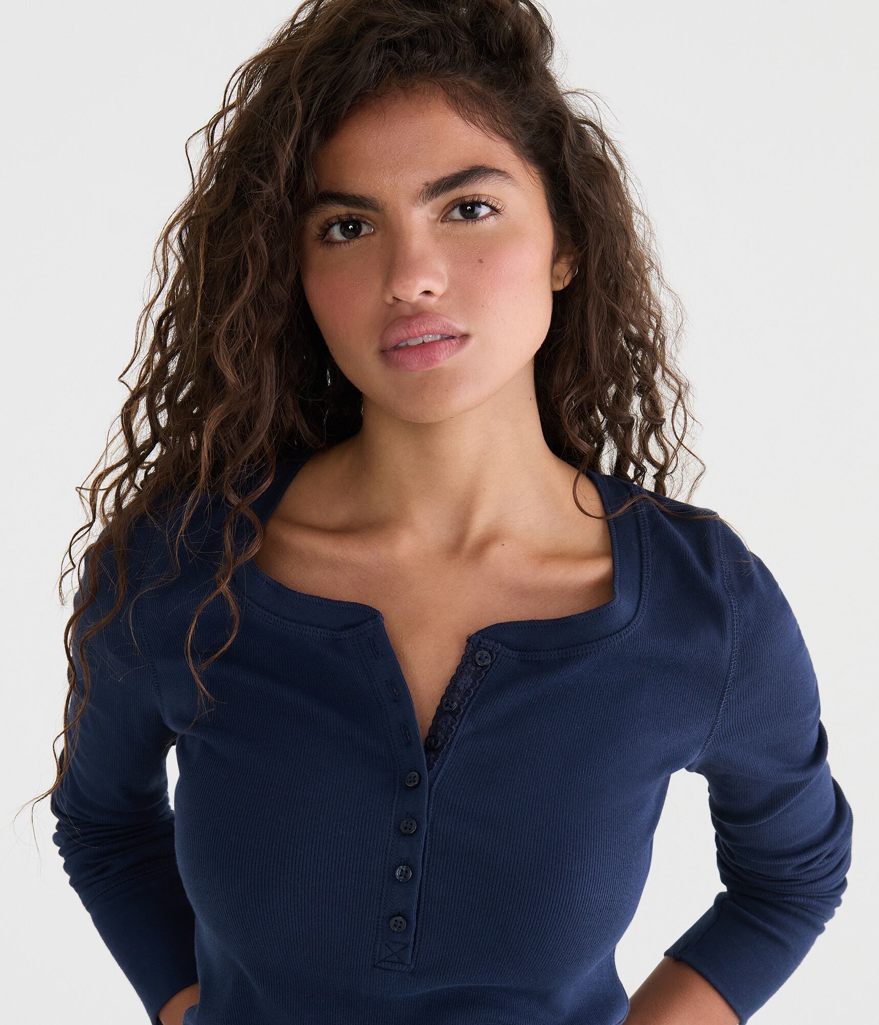 Long Sleeve Solid Ribbed Henley